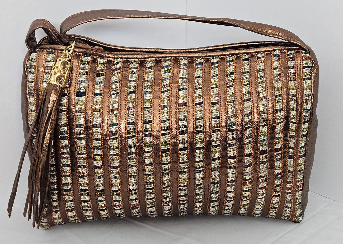 Bronx Shining with Multi Fabrice Zigzag stripes Hand Made Handbag.TR2018Z Purses for girls,women,Genuine Leather Made in USA soft handbag.