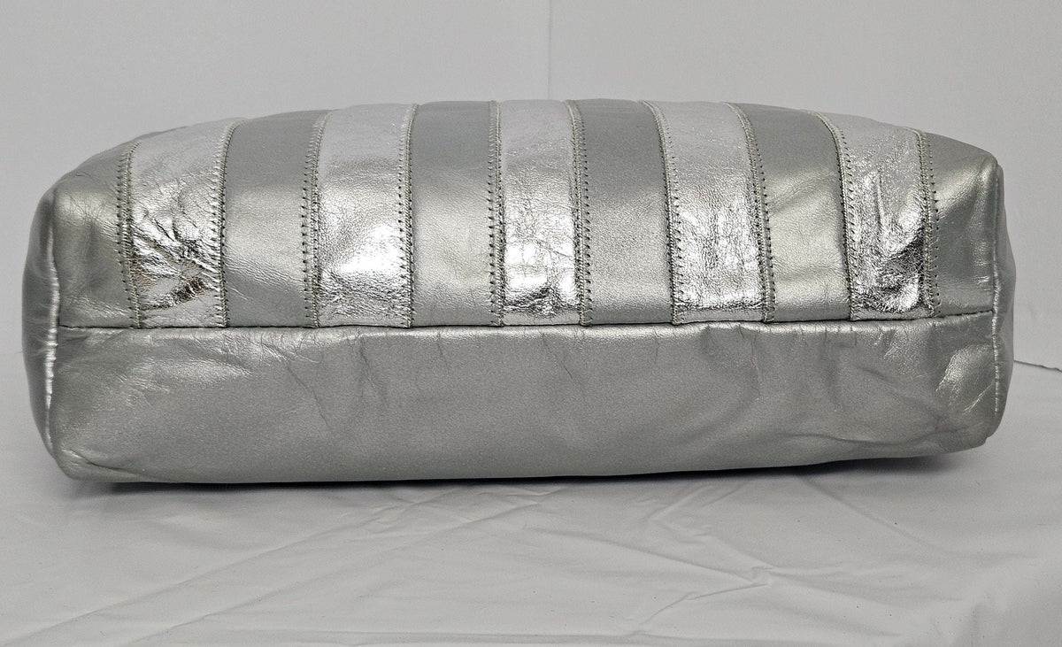 Grey Leather Shoulder Bag: Silver Stripes, Handmade Crossbody Purse