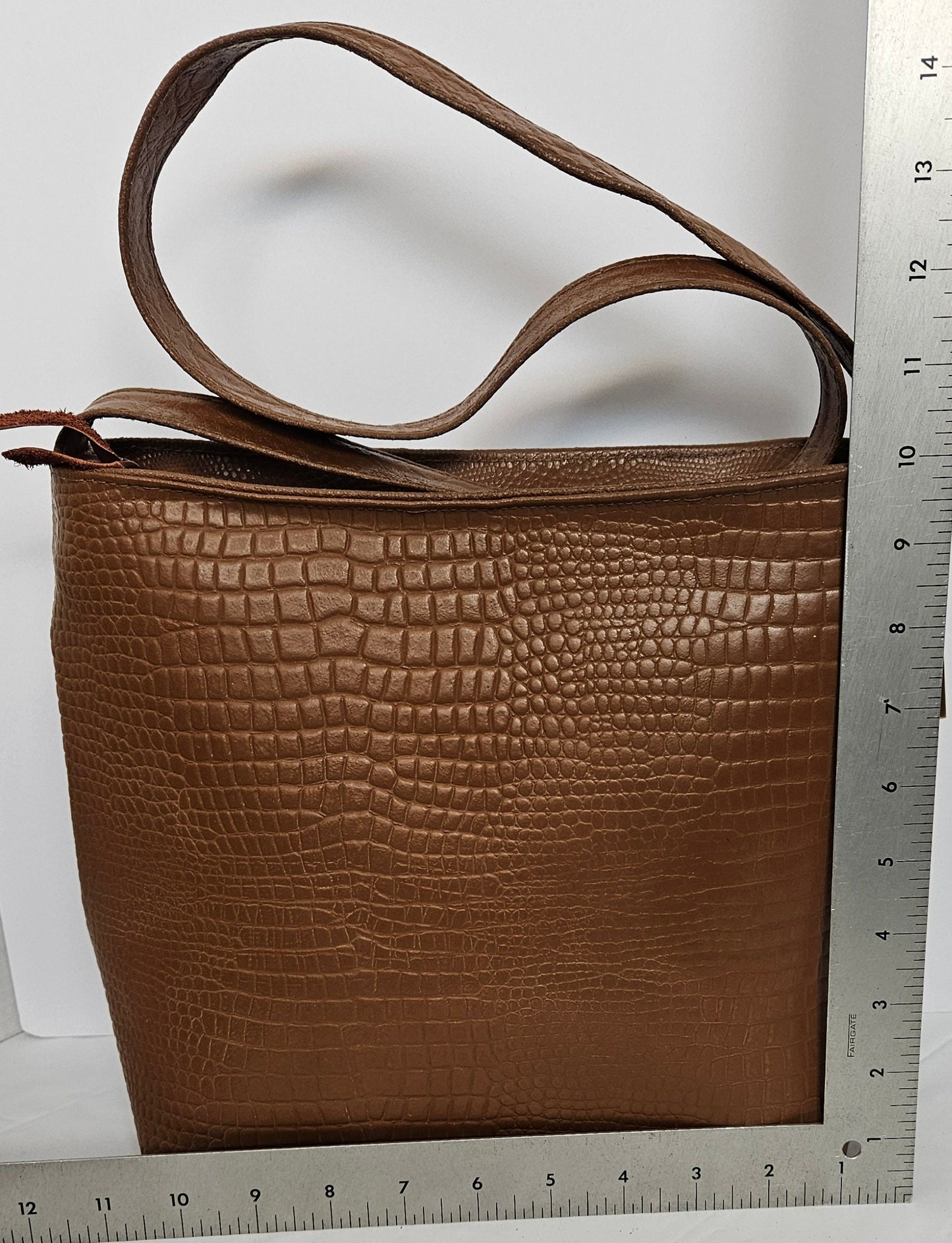 Tejrasila-Beautiful Camel Gator Embossed leather handbag!Good to carry everyday. Side pocket.Made in USA!