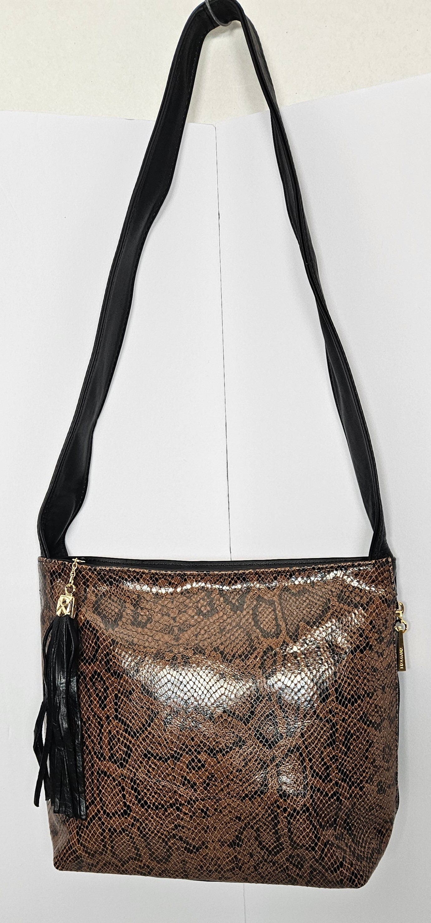 Tejrasila-Gorgeous Tan/Black snake print leather handbag!Made in USA!