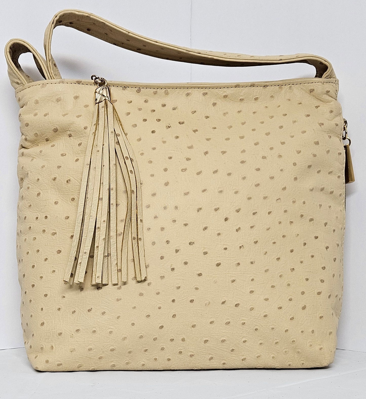 Tejrasila-Gorgeous Ostrich beige leather handbag!Side pocket.Made in USA!