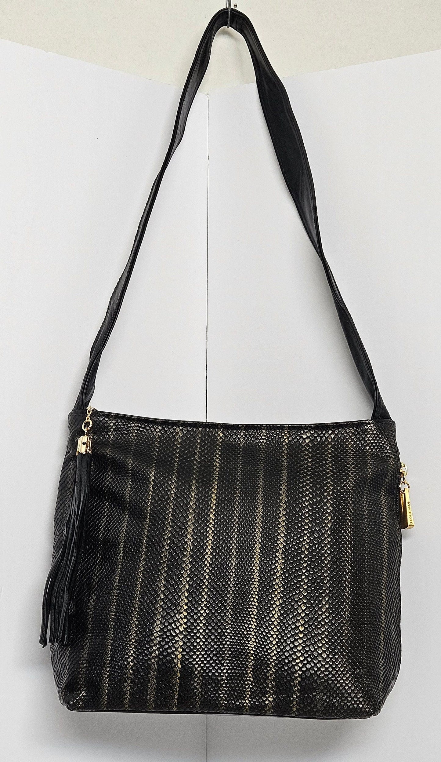 Tejrasila-Gorgeous Pewter Two-Tone snakeprint leather handbag!Side pocket.Made in USA!