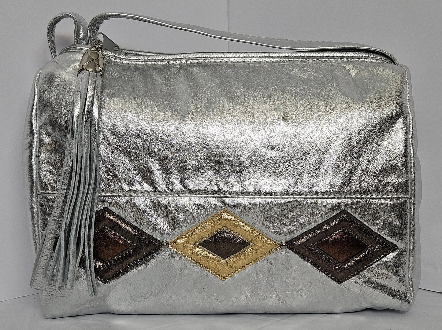 Shining Silver 3-tone diamond cut stich Design Shoulder Handbag.TR2018SDS. Purses for women, Genuine Leather Made in USA.