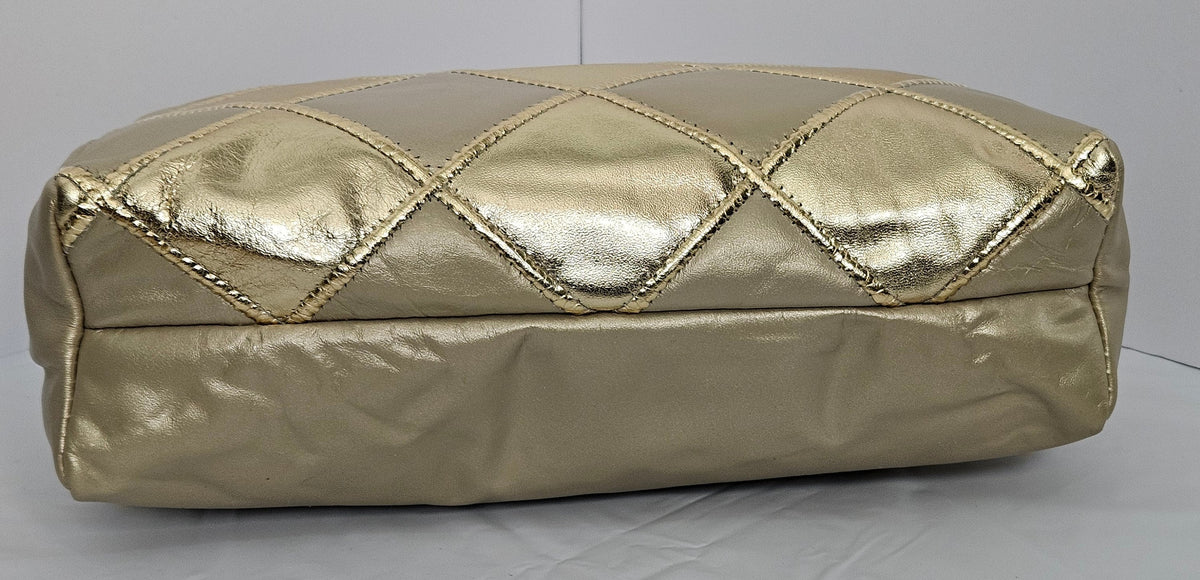 Gold Quilted Genuine Leather Handbag: Champagne Diamond Zigzag Purse
