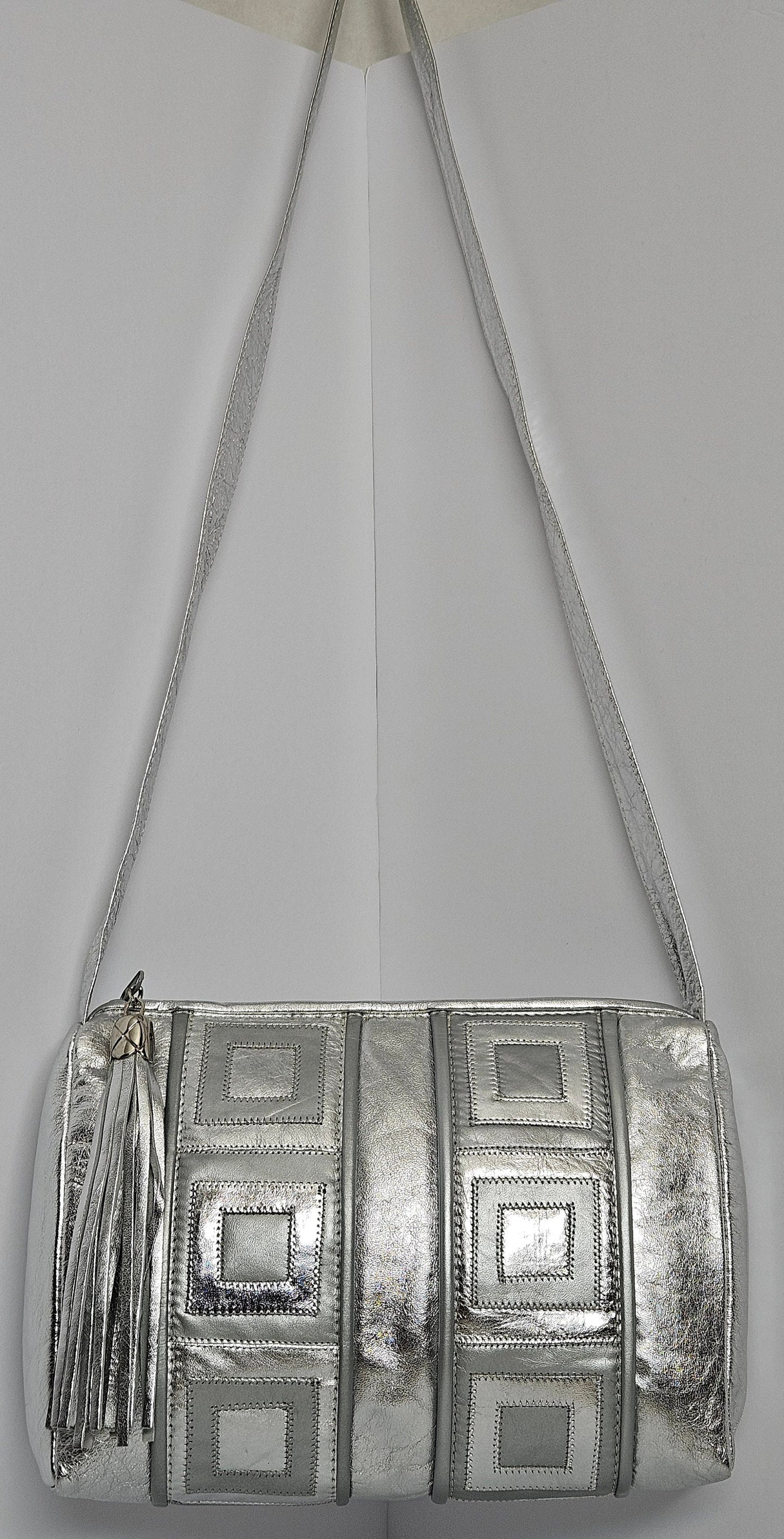 Silver Shining with Grey and Silver Square Zigzag Handbag.TR2018SGQZ Purses for women,Genuine Leather Made in USA.