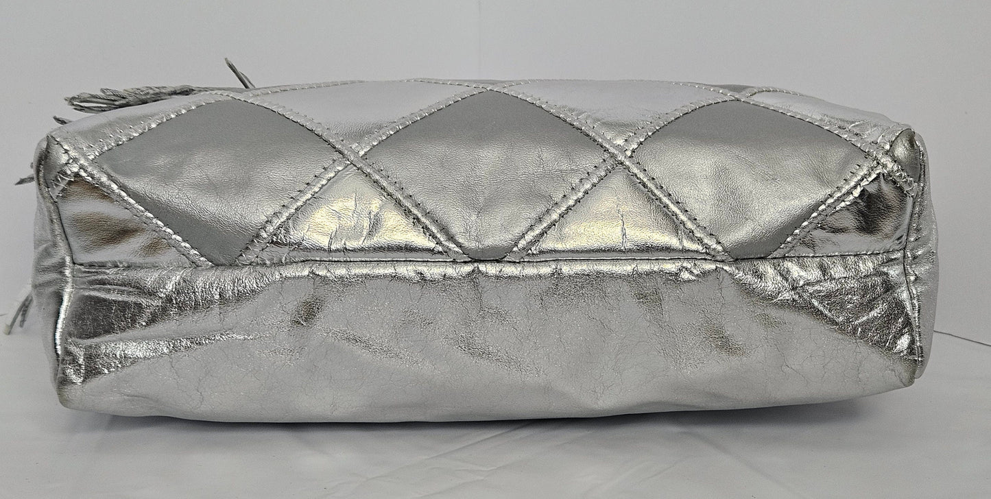 Silver Quilted Leather Handbag: Square Zigzag Crossbody Purse