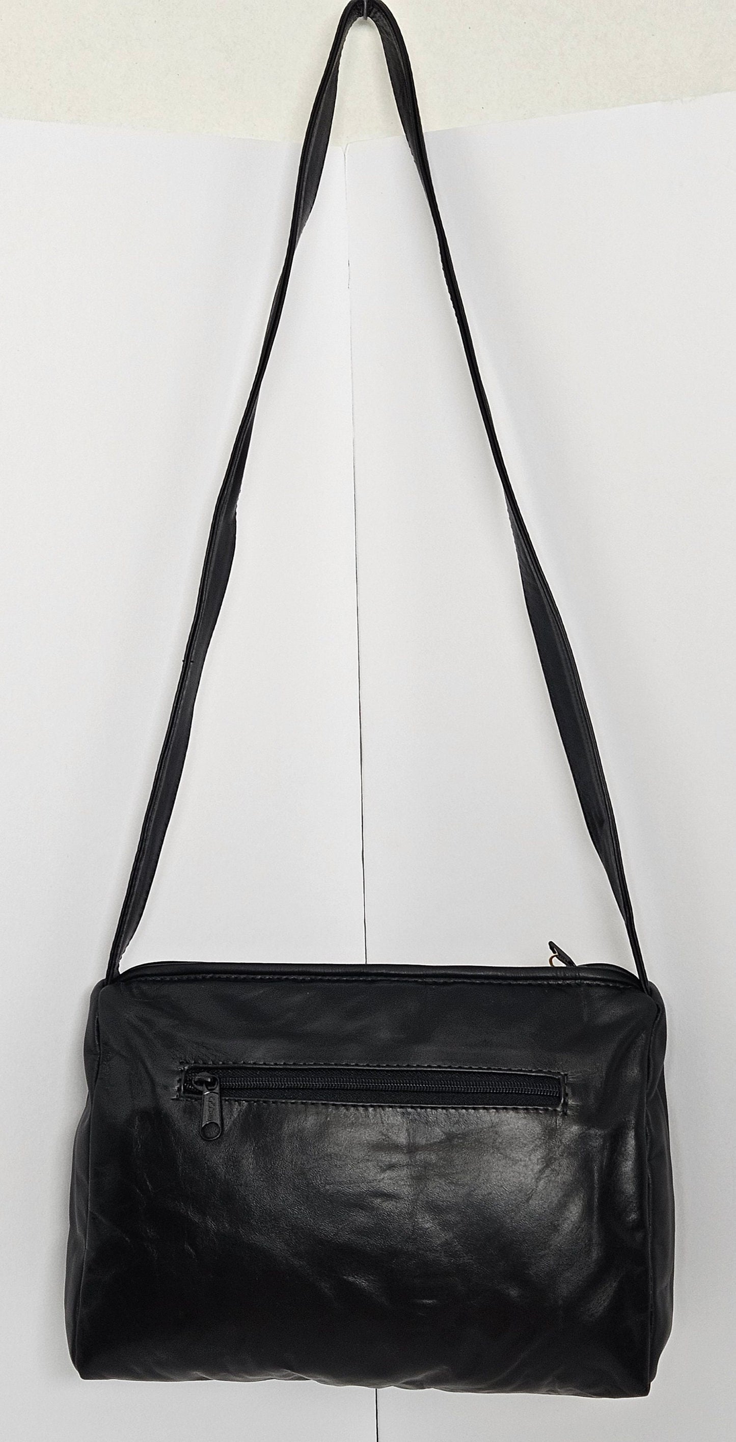 Striped Leather Crossbody Handbag: Black & Champagne, Made in USA