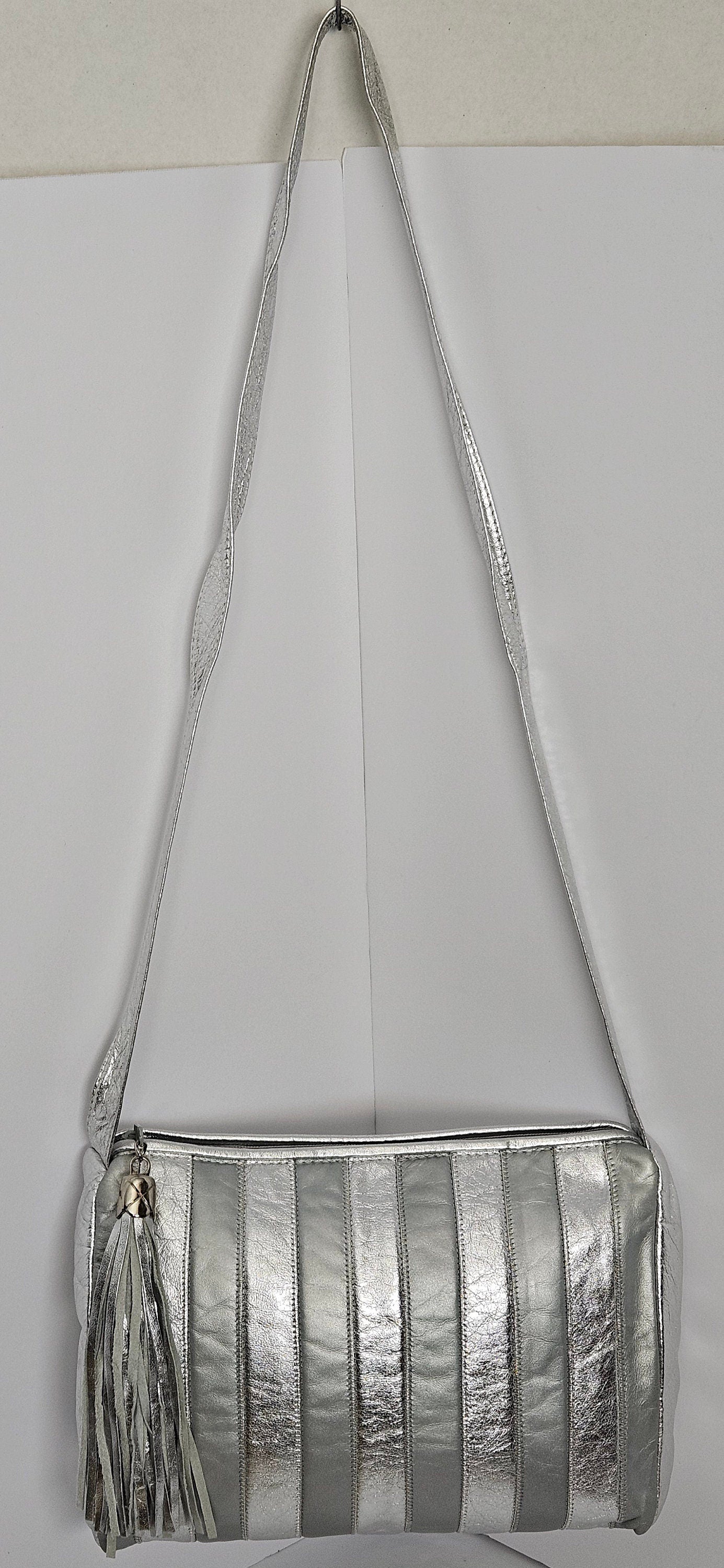 Shining Silver with Grey Stripes Zigzag Crossbody Shoulder Handbag.TR2018SGZ. for women,her, Universal Use Genuine Leather Made in USA.