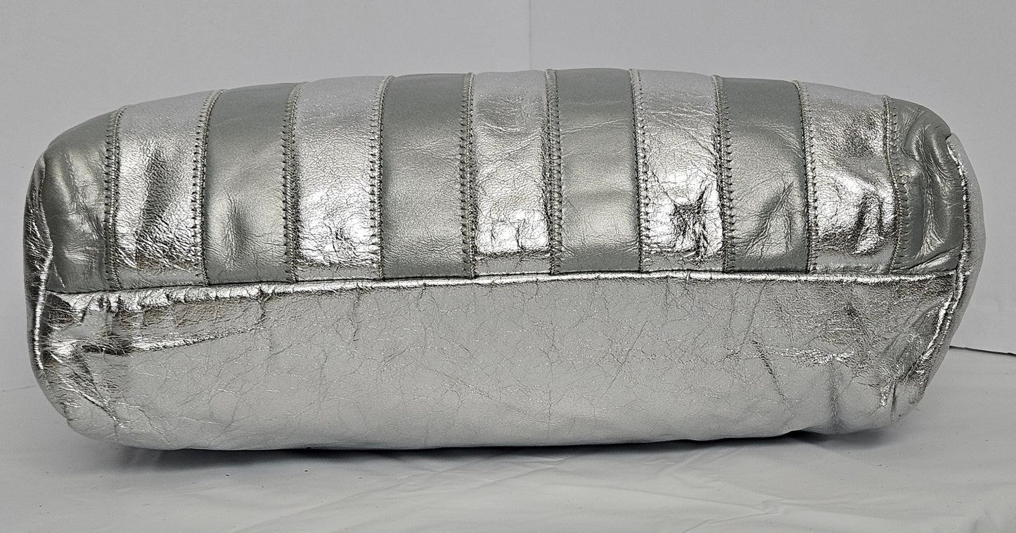Shining Silver with Grey Stripes Zigzag Crossbody Shoulder Handbag.TR2018SGZ. for women,her, Universal Use Genuine Leather Made in USA.