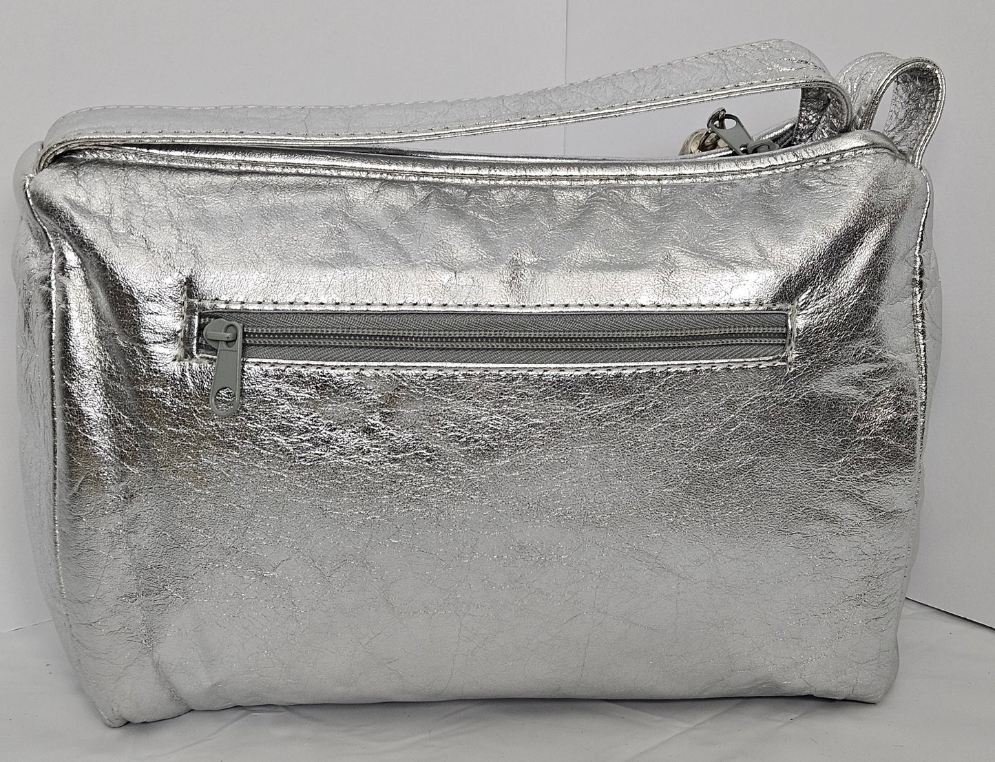 Shining Silver with Grey Stripes Zigzag Crossbody Shoulder Handbag.TR2018SGZ. for women,her, Universal Use Genuine Leather Made in USA.