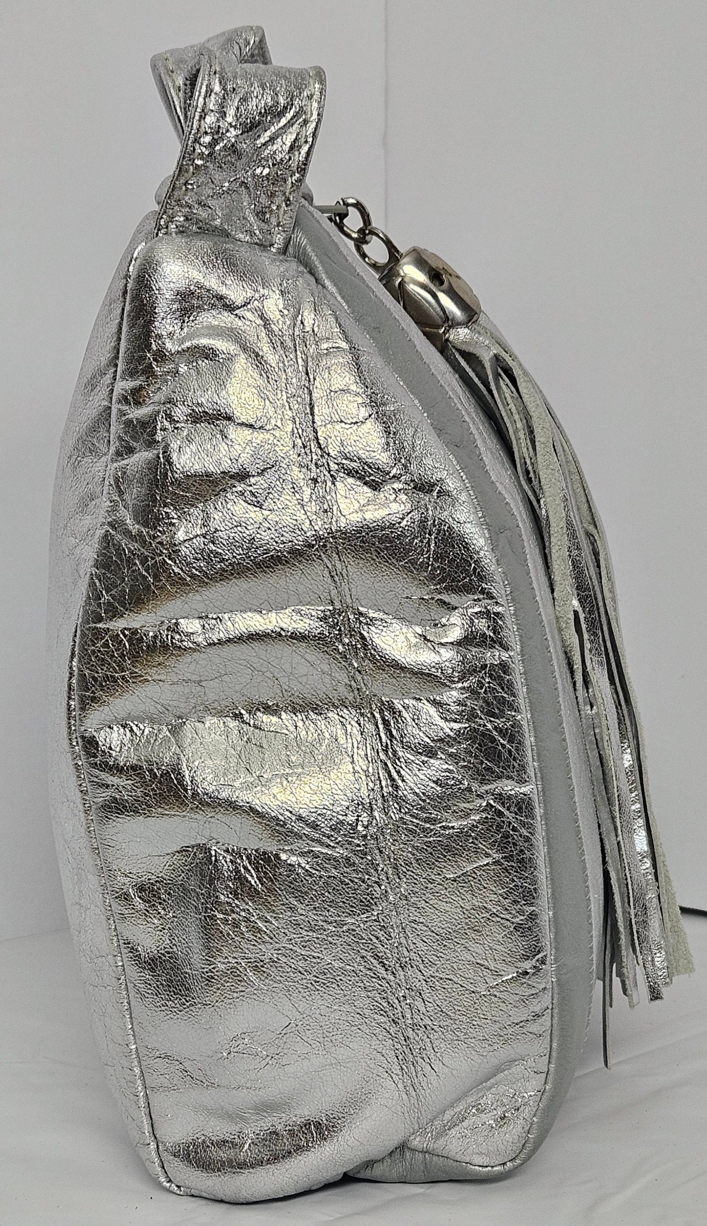 Shining Silver with Grey Stripes Zigzag Crossbody Shoulder Handbag.TR2018SGZ. for women,her, Universal Use Genuine Leather Made in USA.