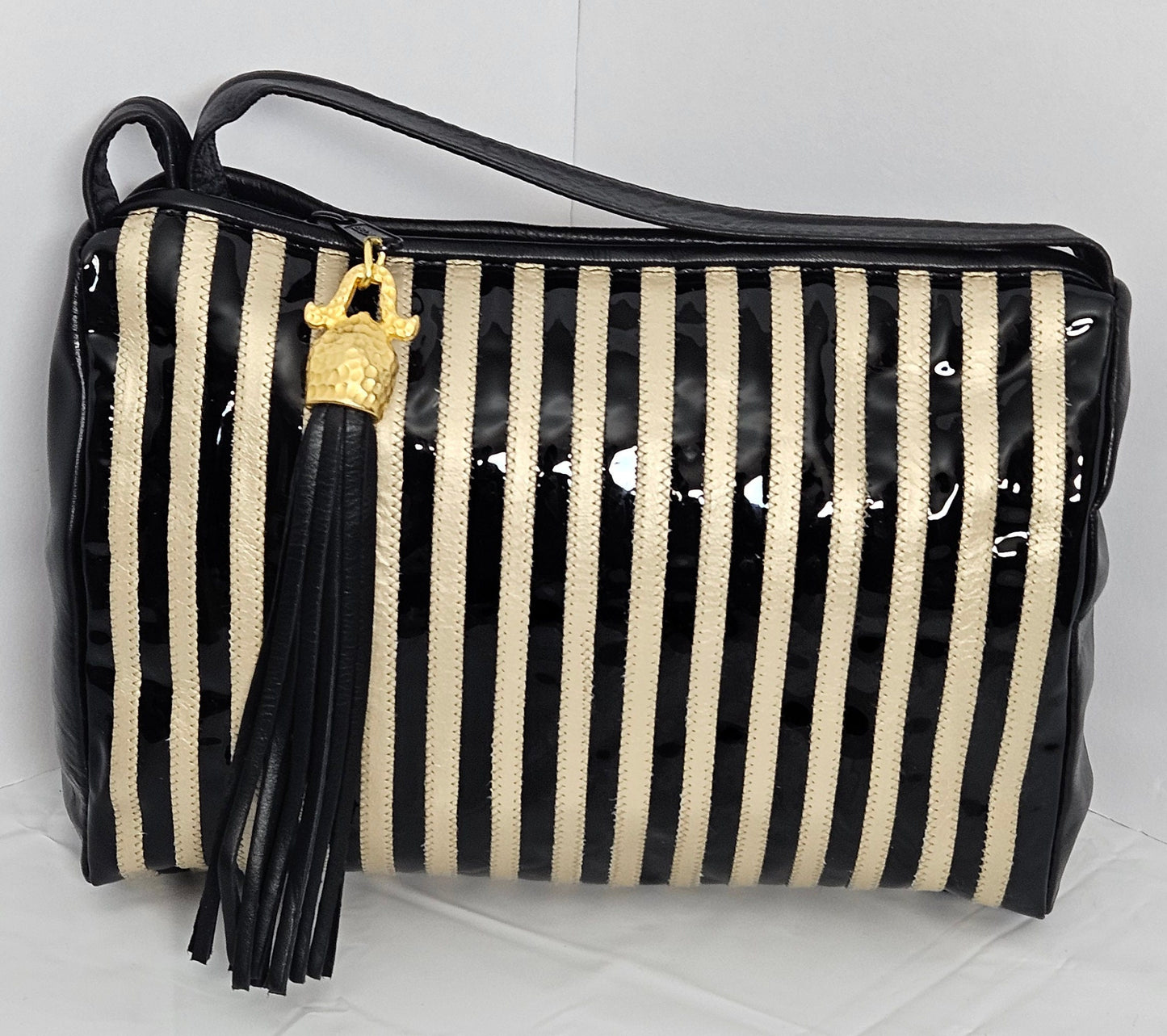 Black Patton with Champagne Stripe Zigzag Genuine Leather Crossbody Handbag#TR2018BCZ for women,girls, Soft Universal Use. Made in USA