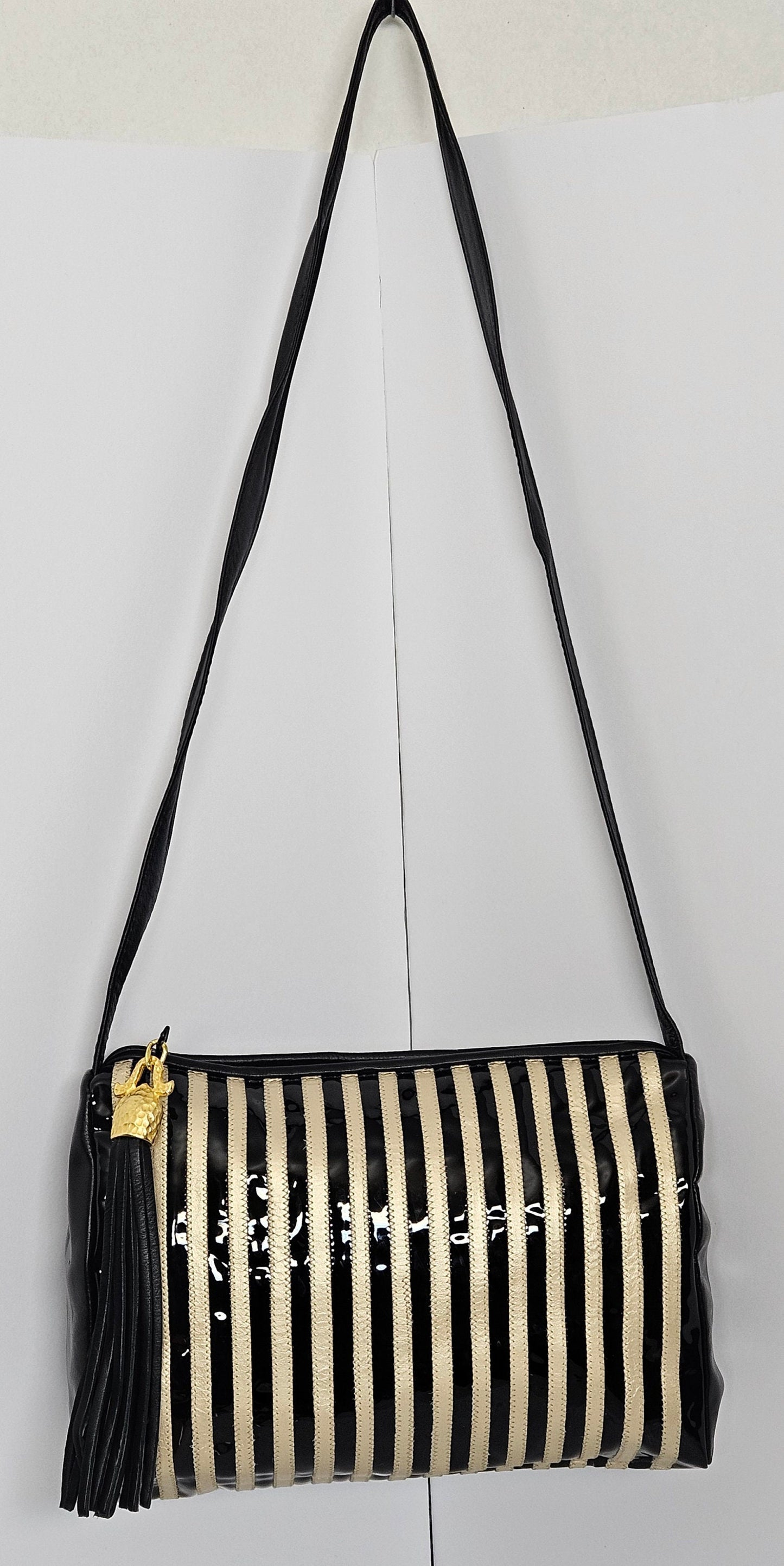 Black Patton with Champagne Stripe Zigzag Genuine Leather Crossbody Handbag#TR2018BCZ for women,girls, Soft Universal Use. Made in USA