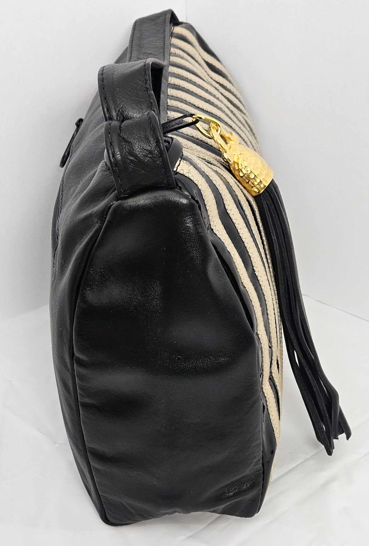 Black Patton with Champagne Stripe Zigzag Genuine Leather Crossbody Handbag#TR2018BCZ for women,girls, Soft Universal Use. Made in USA