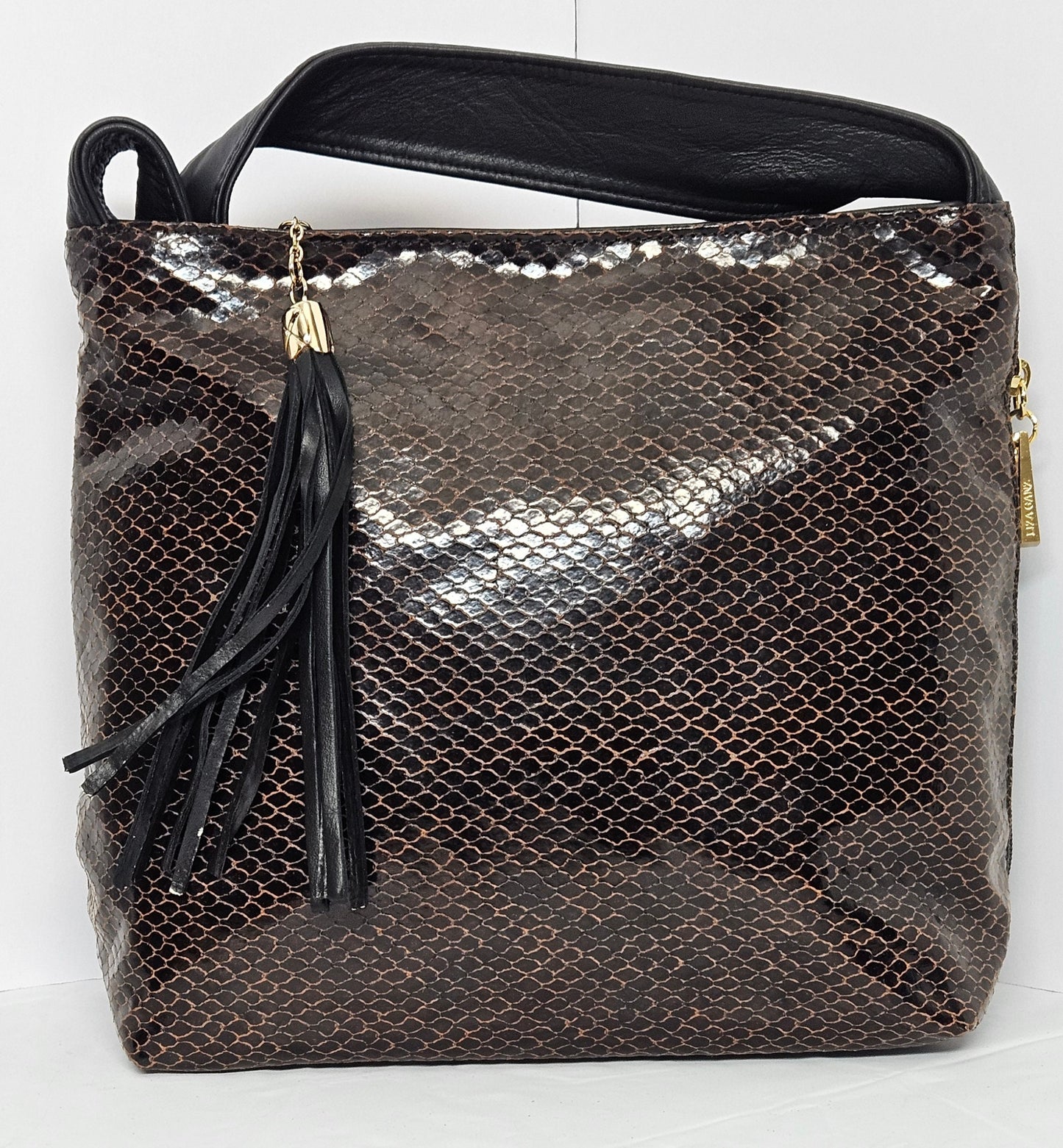 Tejrasila-Gorgeous Brown/Black snake print leather handbag!Made in USA!