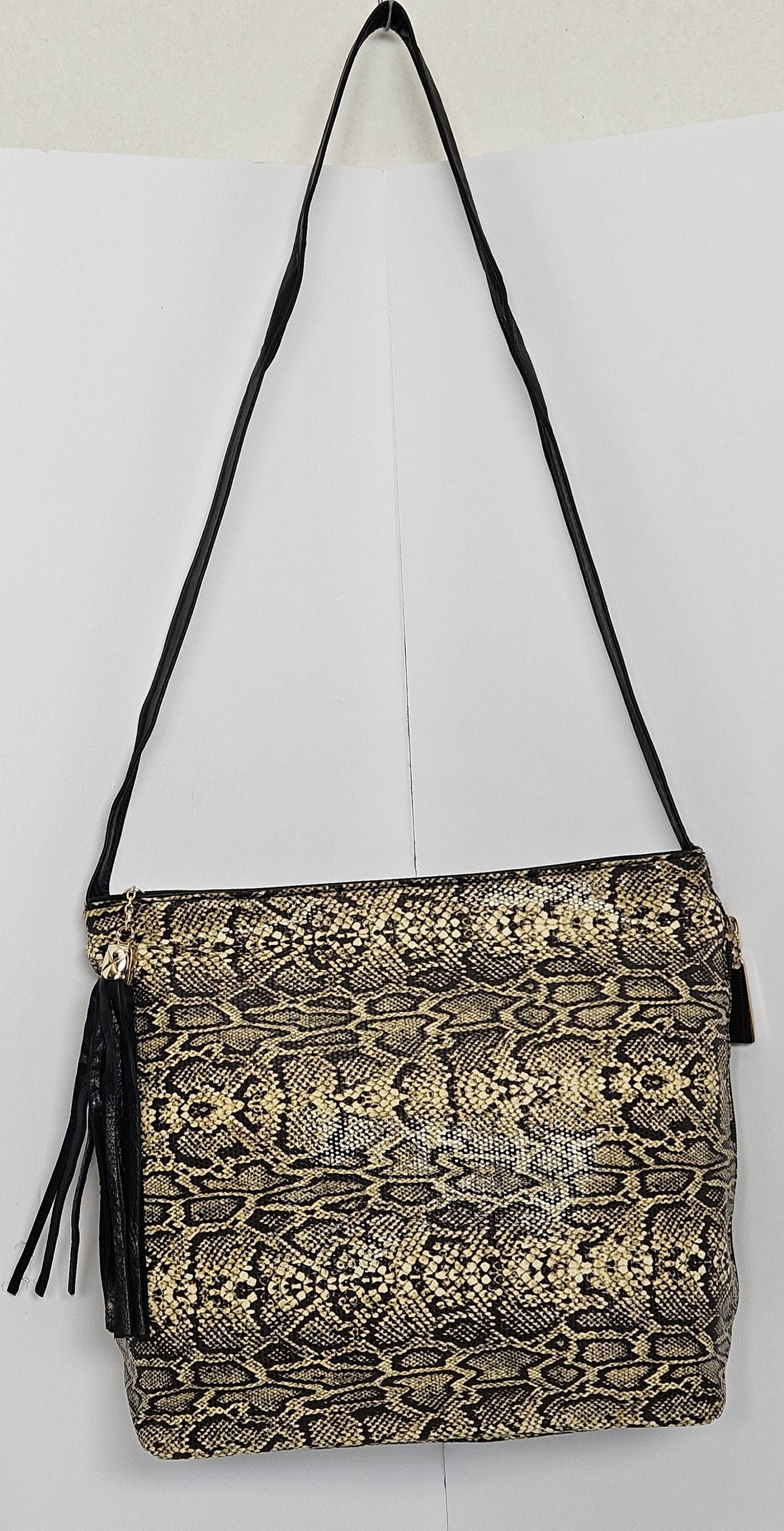 Tejrasila-Gorgeous Black Two-Tone snakeprint fabric with leather Shoulder handbag!Made in USA!