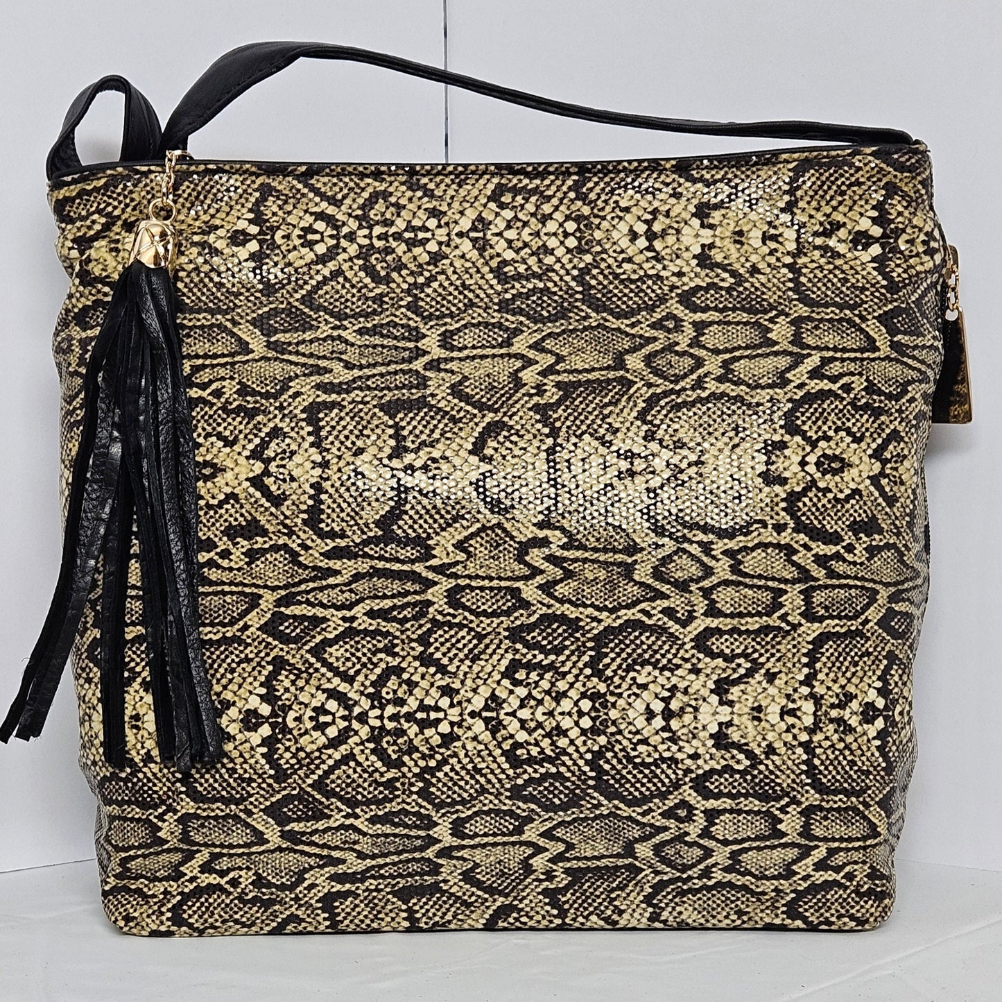 Tejrasila-Gorgeous Black Two-Tone snakeprint fabric with leather Shoulder handbag!Made in USA!