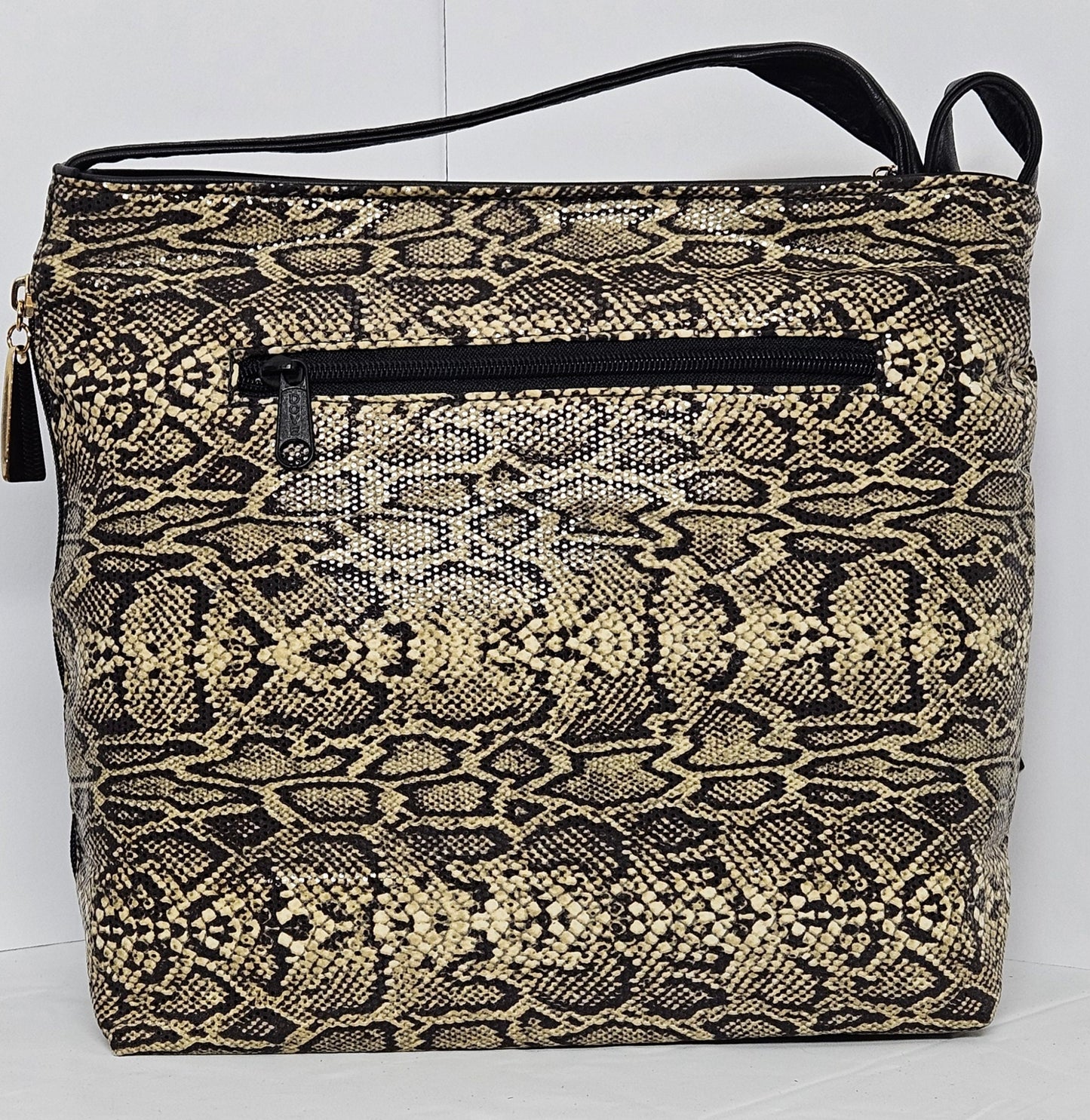 Tejrasila-Gorgeous Black Two-Tone snakeprint fabric with leather Shoulder handbag!Made in USA!