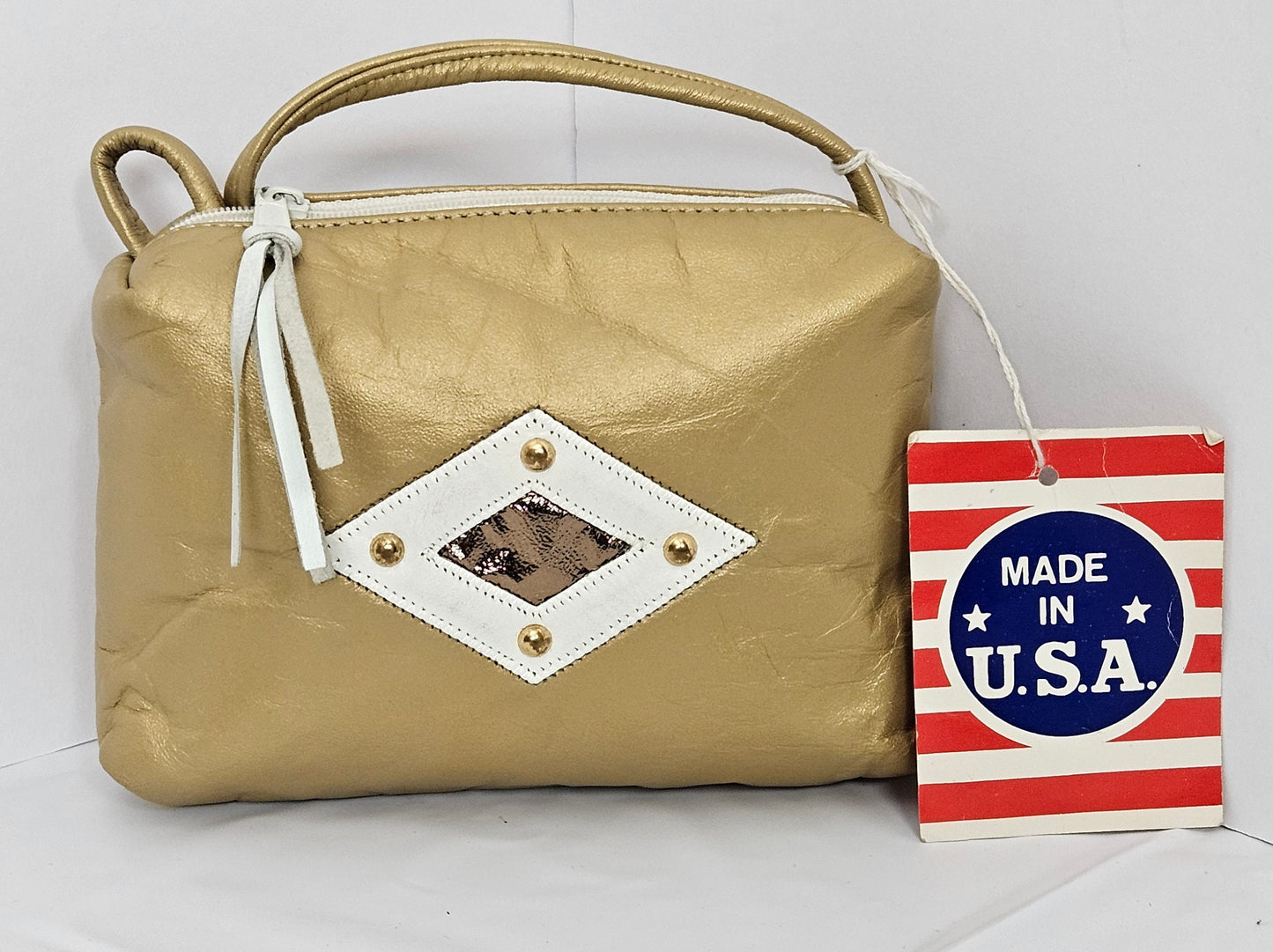 Gold mate Genuine Leather with diamond ZigZag stitch and gold studs Travel Handbag #TR301GZP for women,girls,gift for her,Made in USA.