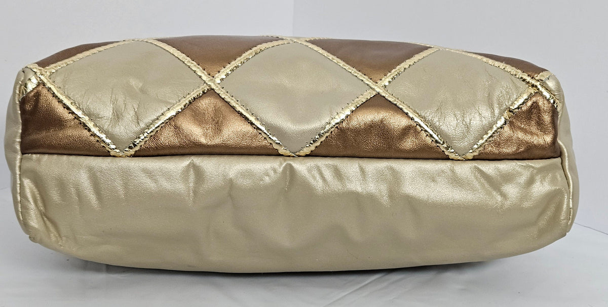 Champagne Leather Handbag: Gold Border Diamond Square, Made in USA
