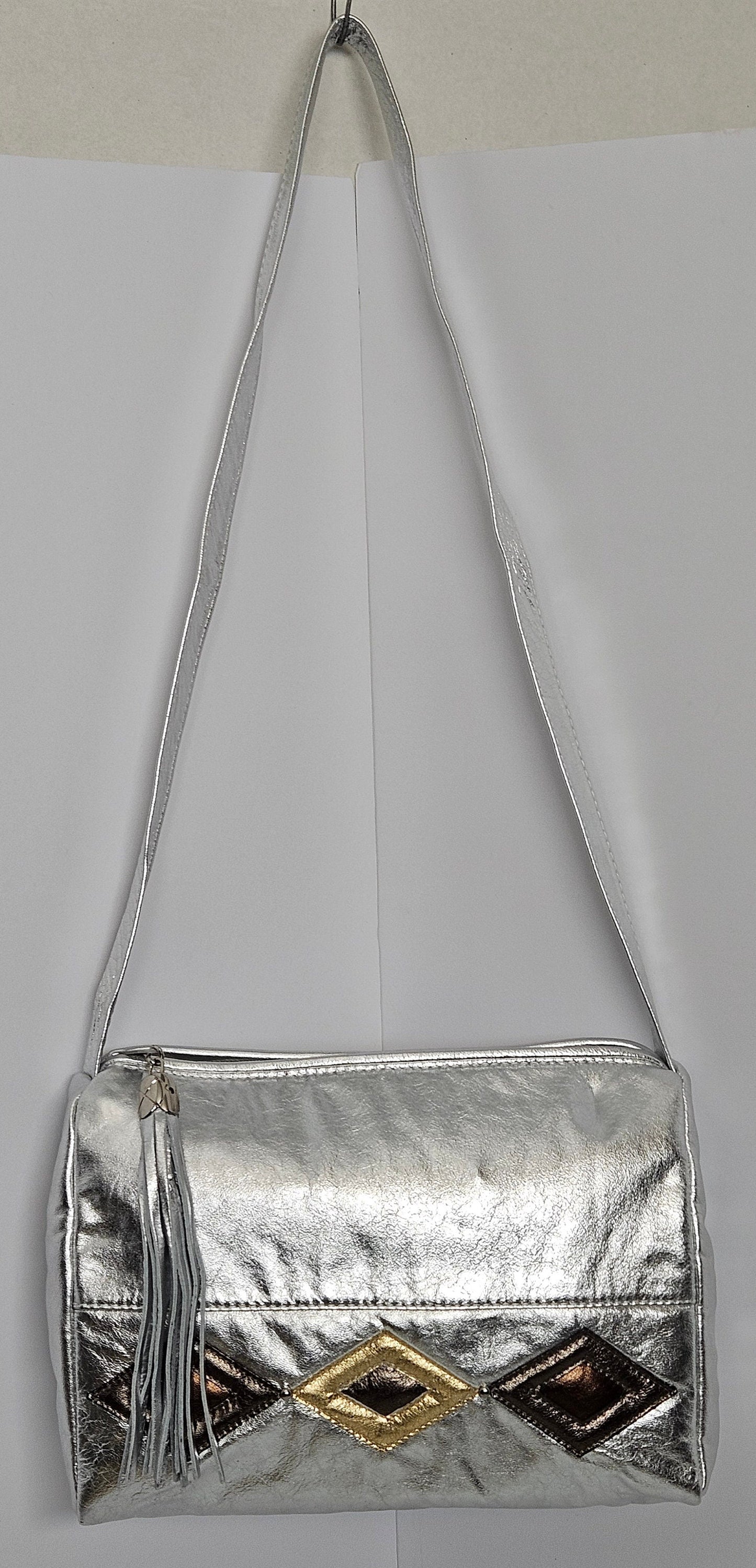 Shining Silver 3-tone diamond cut stich Design Shoulder Handbag.TR2018SDS. Purses for women, Genuine Leather Made in USA.