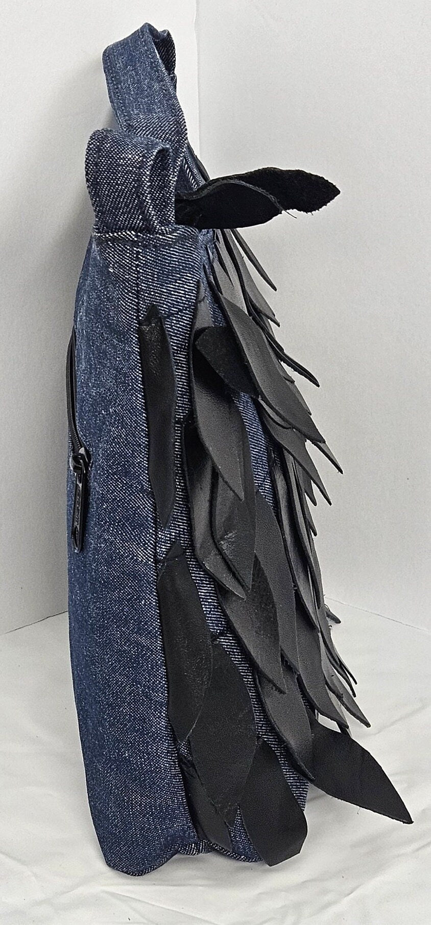 Blue Denim with black leafs Genuine Leather Handbag for all! Moonbag #Tr306Dmb,Gift for Mom,her,girls. design Purses for you!
