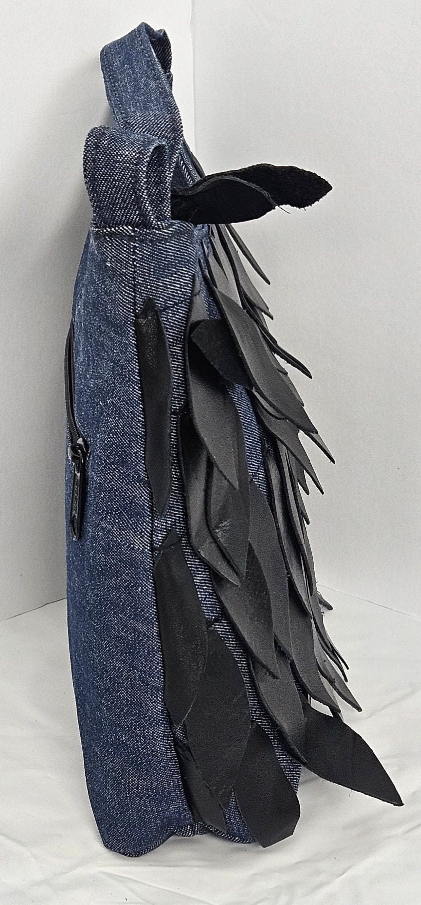Blue Denim Moon Bag, Black Leather Leaf Design, Handmade in USA