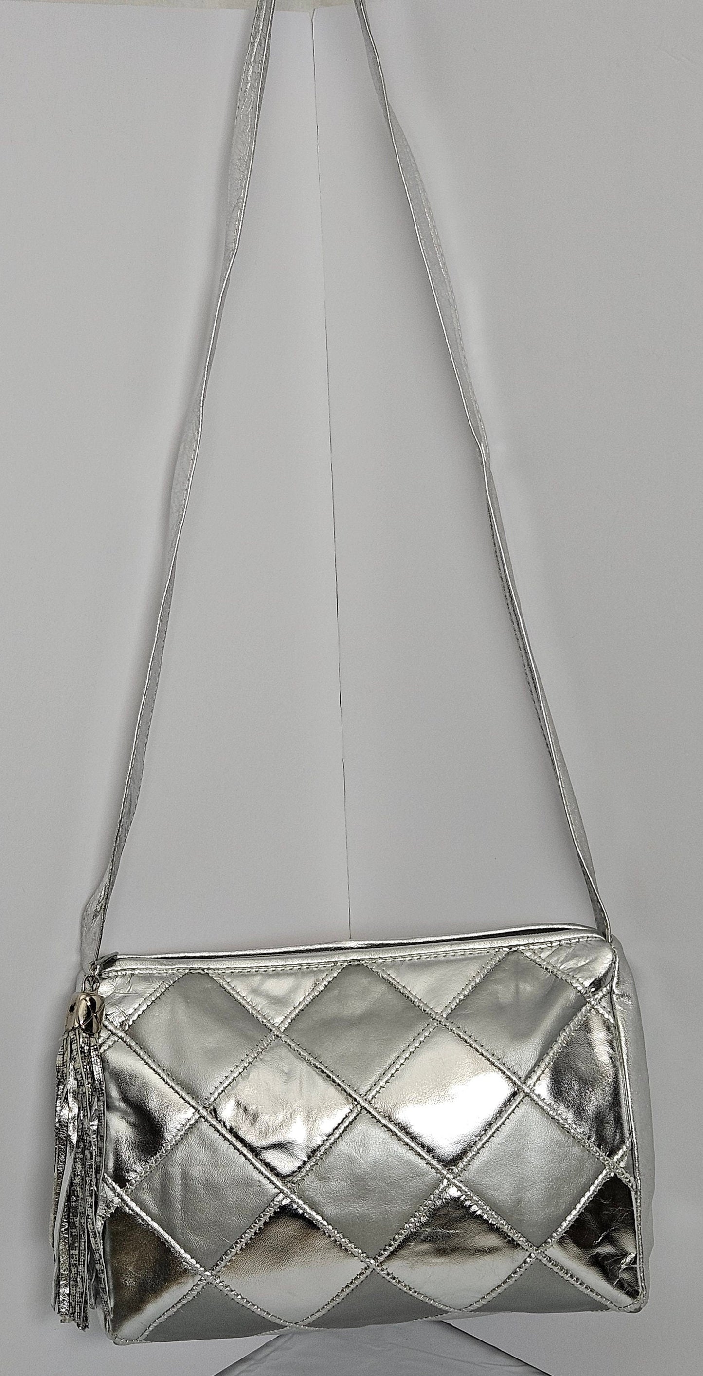 Silver Shining with Grey and Silver border diamond Square Zigzag Handbag.TR2018SGQZ-1 Purses for women, Genuine Leather Made in USA