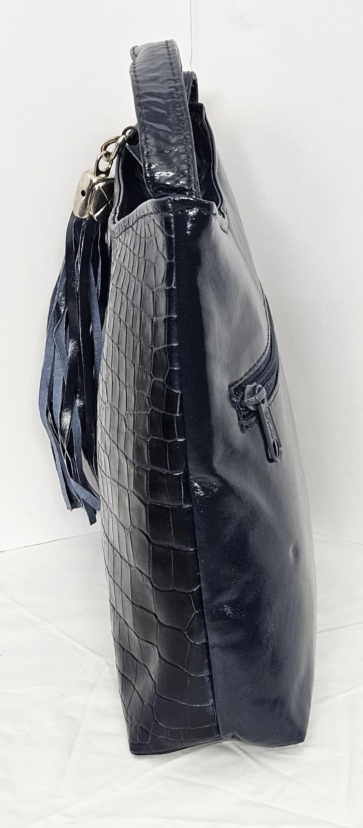 Two-Tone Leather Handbag, Navy Crocodile & Black, Made in USA