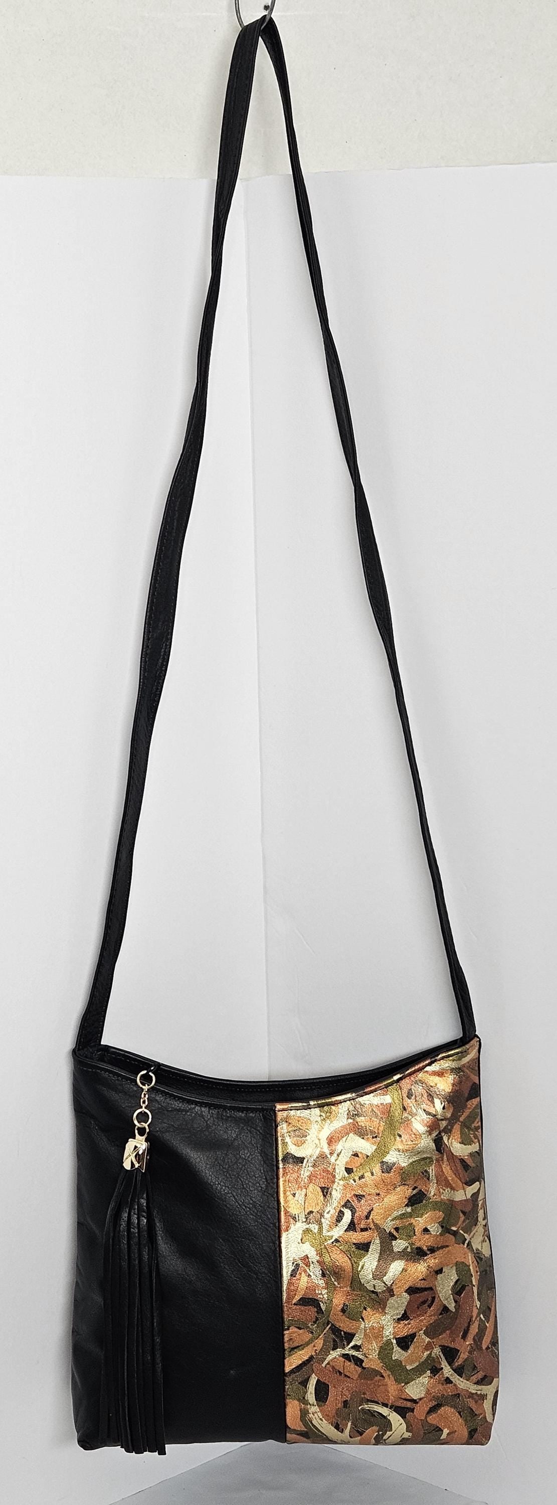 Black Leather Crossbody Handbag, Multi Print, Made in USA