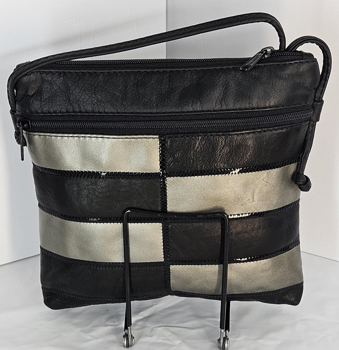 Black & Grey Leather Crossbody Purse: Zigzag Design, Made in USA