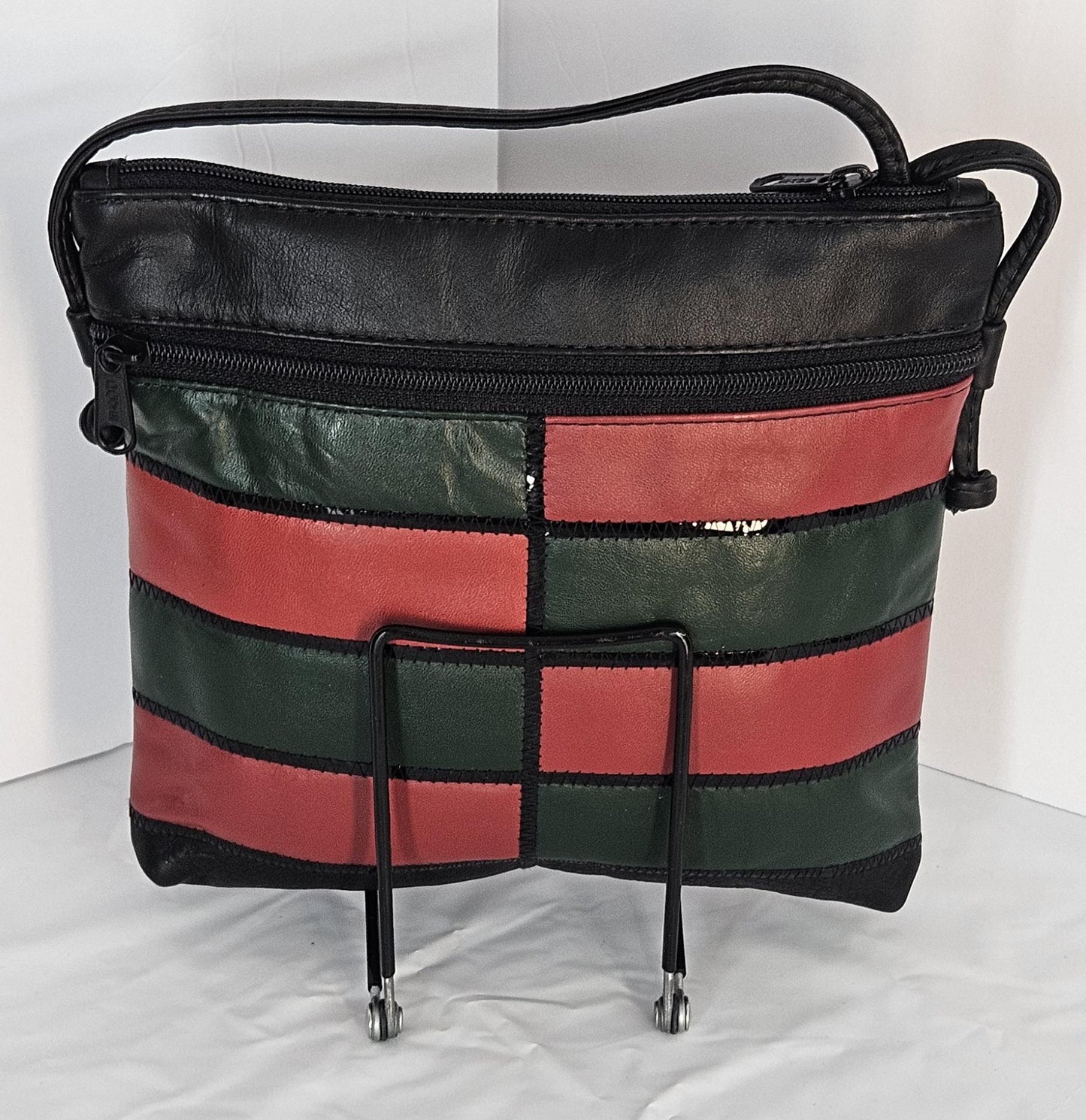 Zigzag Leather Crossbody Bag: Black, Red & Green, Made in USA