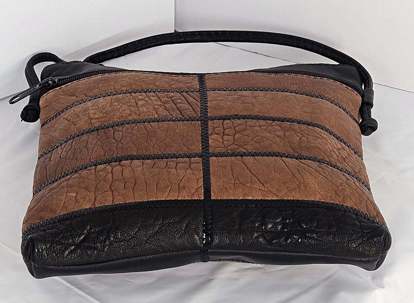 Zigzag Leather Crossbody Purse, Black & Camel, Made in USA