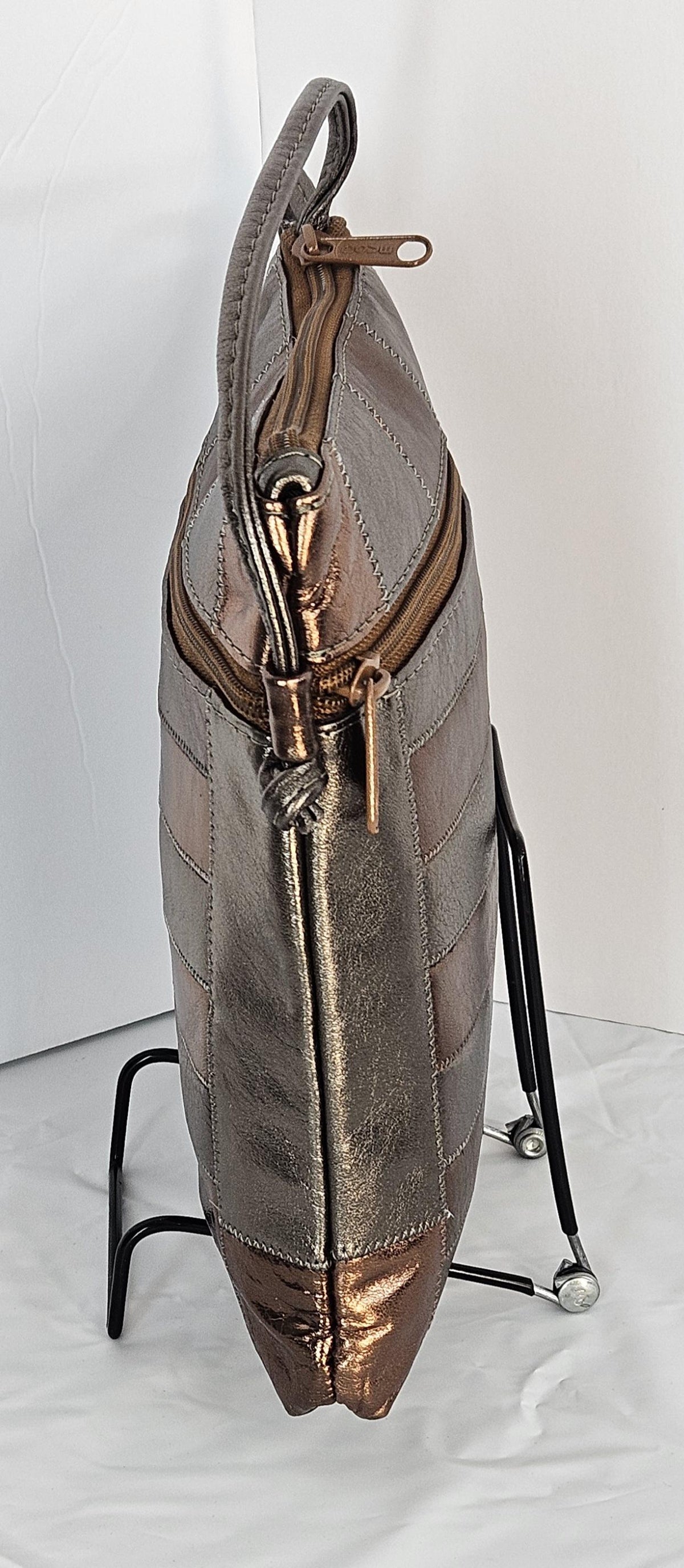 Pewter & Bronze Leather Crossbody Bag: Zigzag Design, Made in USA