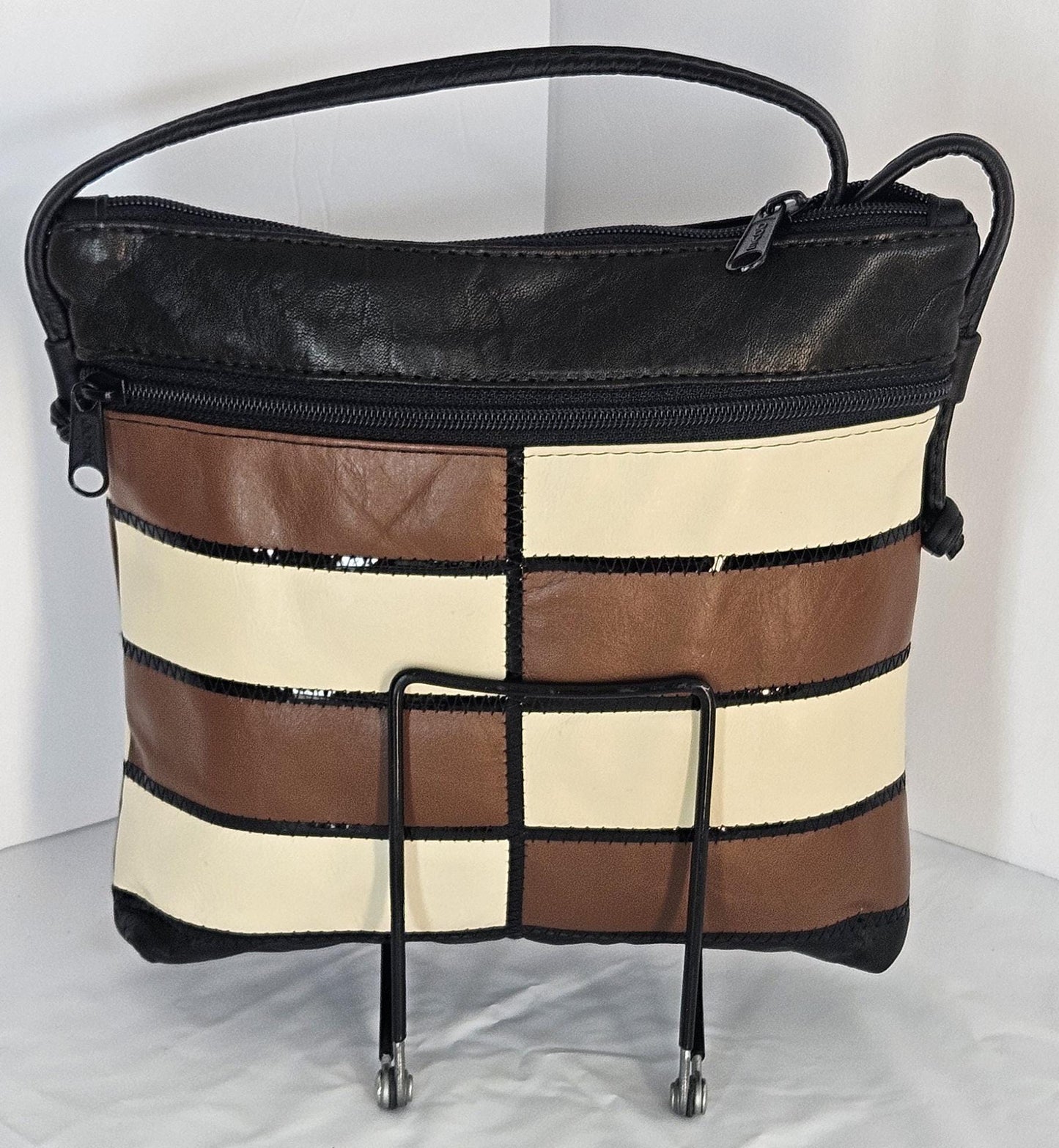 Black Leather Zigzag Crossbody Purse - Made in USA