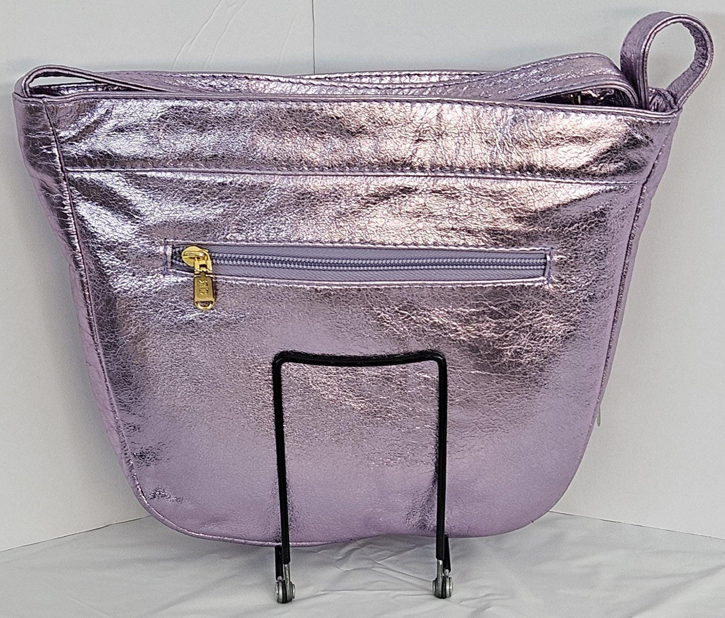 Shining Purple with Gold Z and Butten metal design on Leather Crossbody Handbag for women. Item#Tr2030Pgz.Design for you.Made In USA!