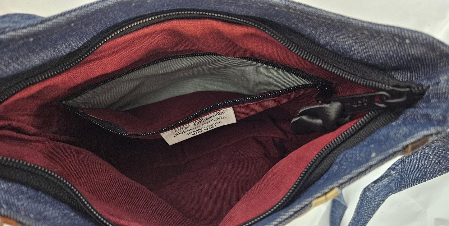 Blue Denim with multi color Luxury Genuine Leather Lefe design.Universal Crossbody Handbag for all.#Tr306Dml.Light weigh Travel.Made in USA