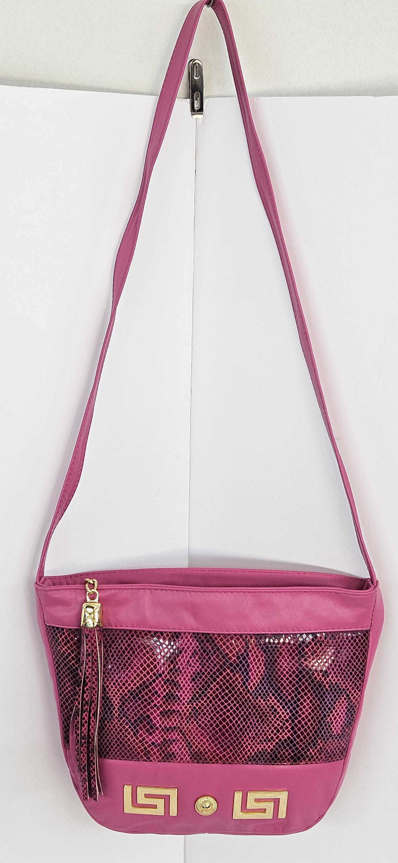 Pink with Fuchsia snake Print Gold Z and Butten metal design on Leather Crossbody Handbag for women.Item#2030PFgz.Design for you.Made In USA
