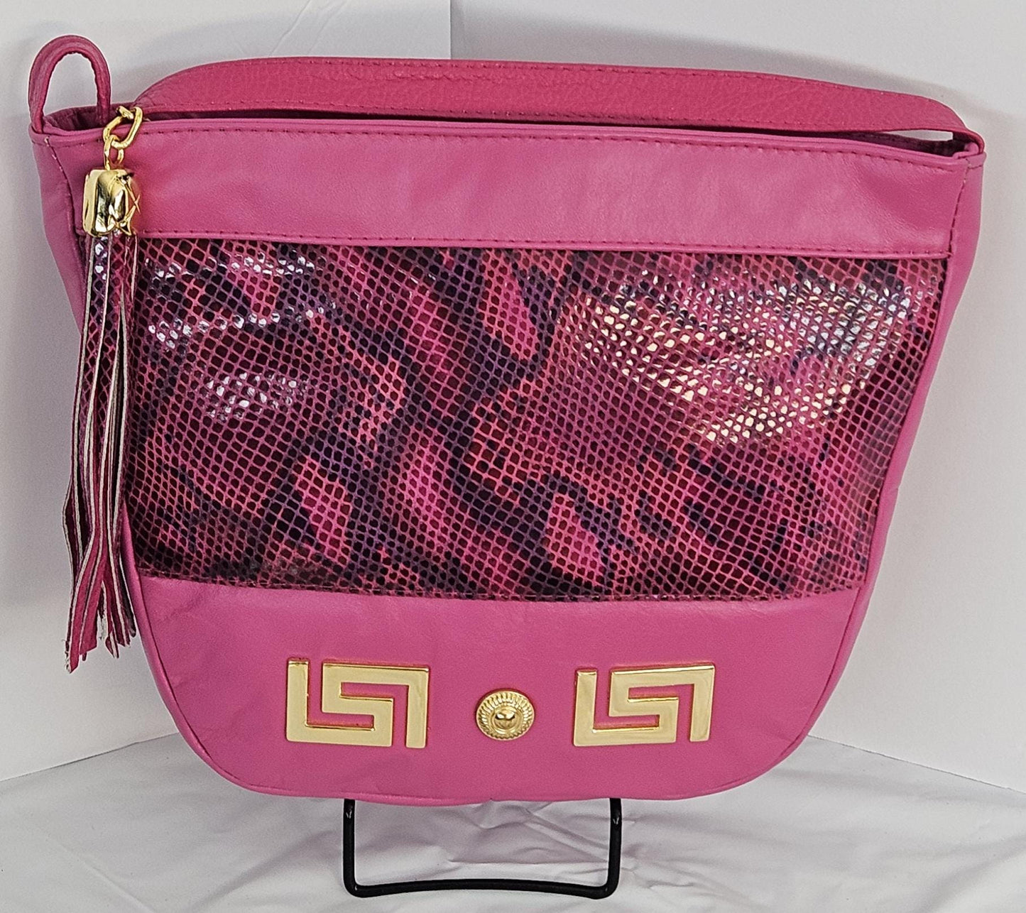 Pink with Fuchsia snake Print Gold Z and Butten metal design on Leather Crossbody Handbag for women.Item#2030PFgz.Design Made in USA.