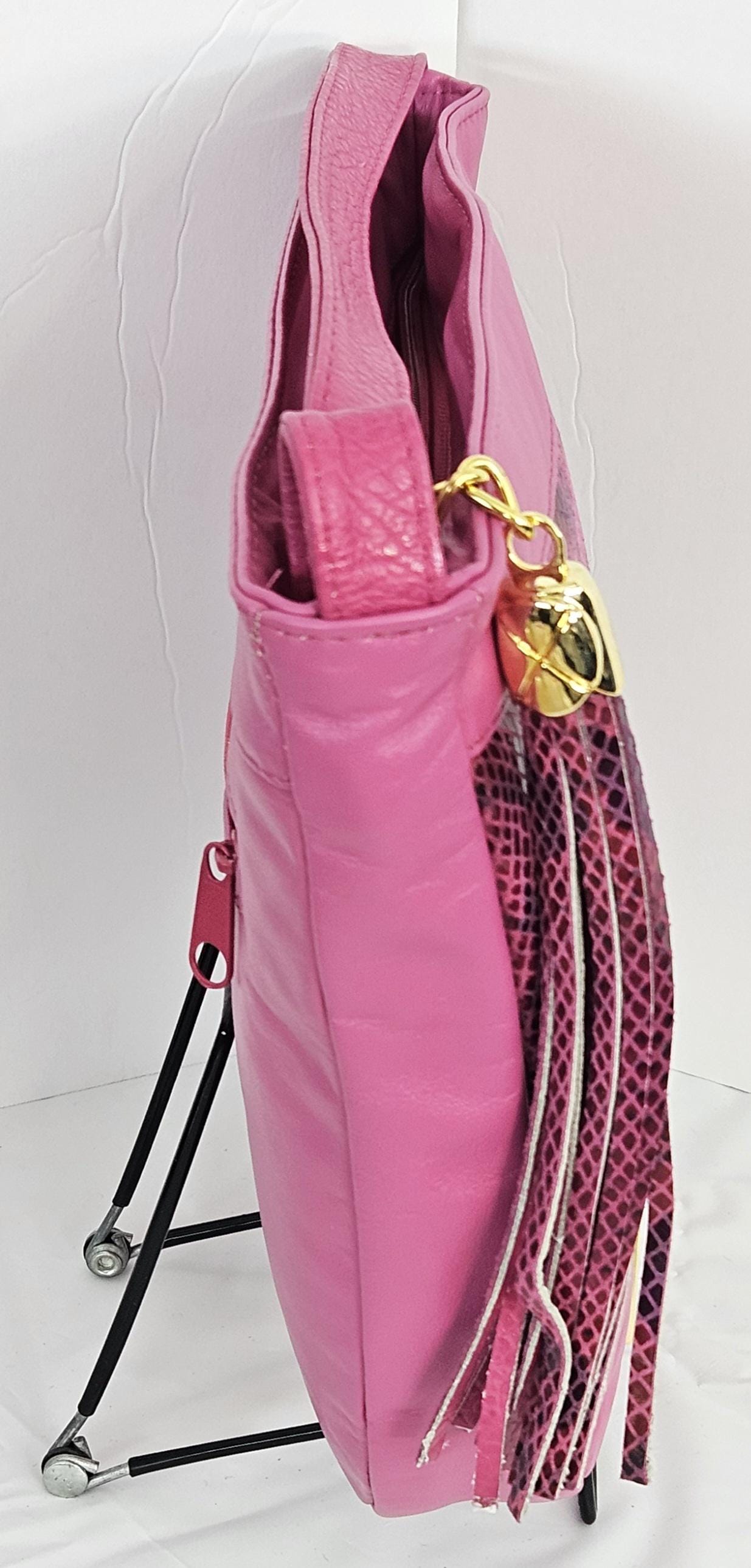 Pink with Fuchsia snake Print Gold Z and Butten metal design on Leather Crossbody Handbag for women.Item#2030PFgz.Design Made in USA.