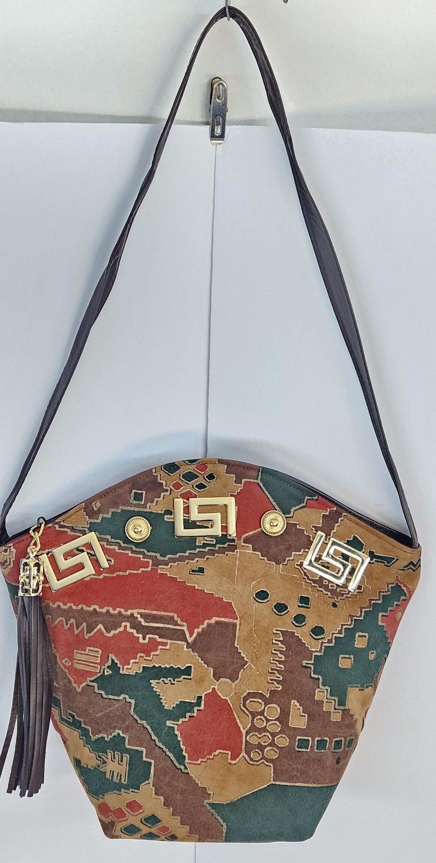 Brown with Multi Print Luxury Genuine Leather Handbag for women Universal Use.#TR9047-zbm Gold Z and Butten metal design.