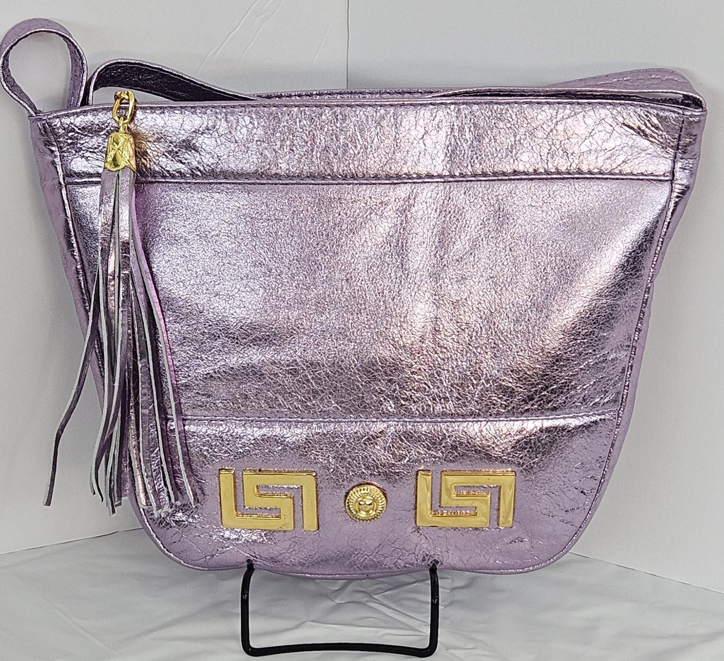 Shining Purple with Gold Z and Butten metal design on Leather Crossbody Handbag for women. Item#Tr2030Pgz.Design for you.Made In USA!