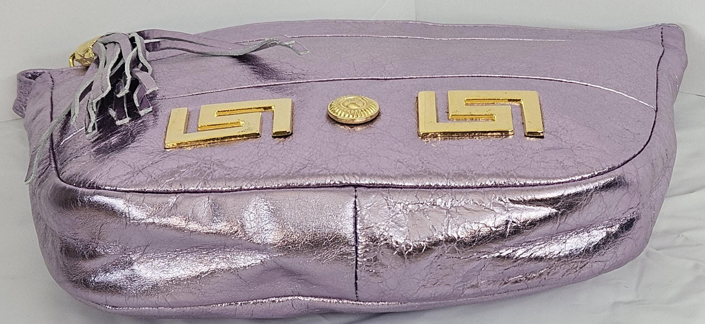 Shining Purple with Gold Z and Butten metal design on Leather Crossbody Handbag for women. Item#Tr2030Pgz.Design for you.Made In USA!