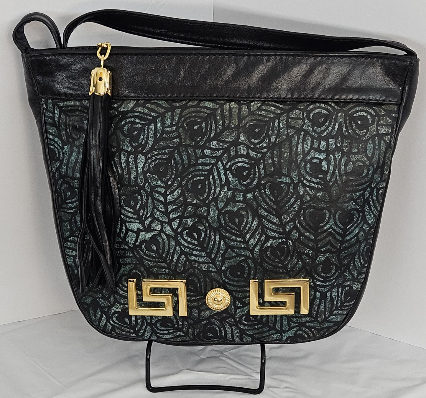 Black with Teal Flowers Gold Z and Butten metal design on Leather Crossbody Handbag for women.#Tr2030BTgz.Design for you.Made In USA