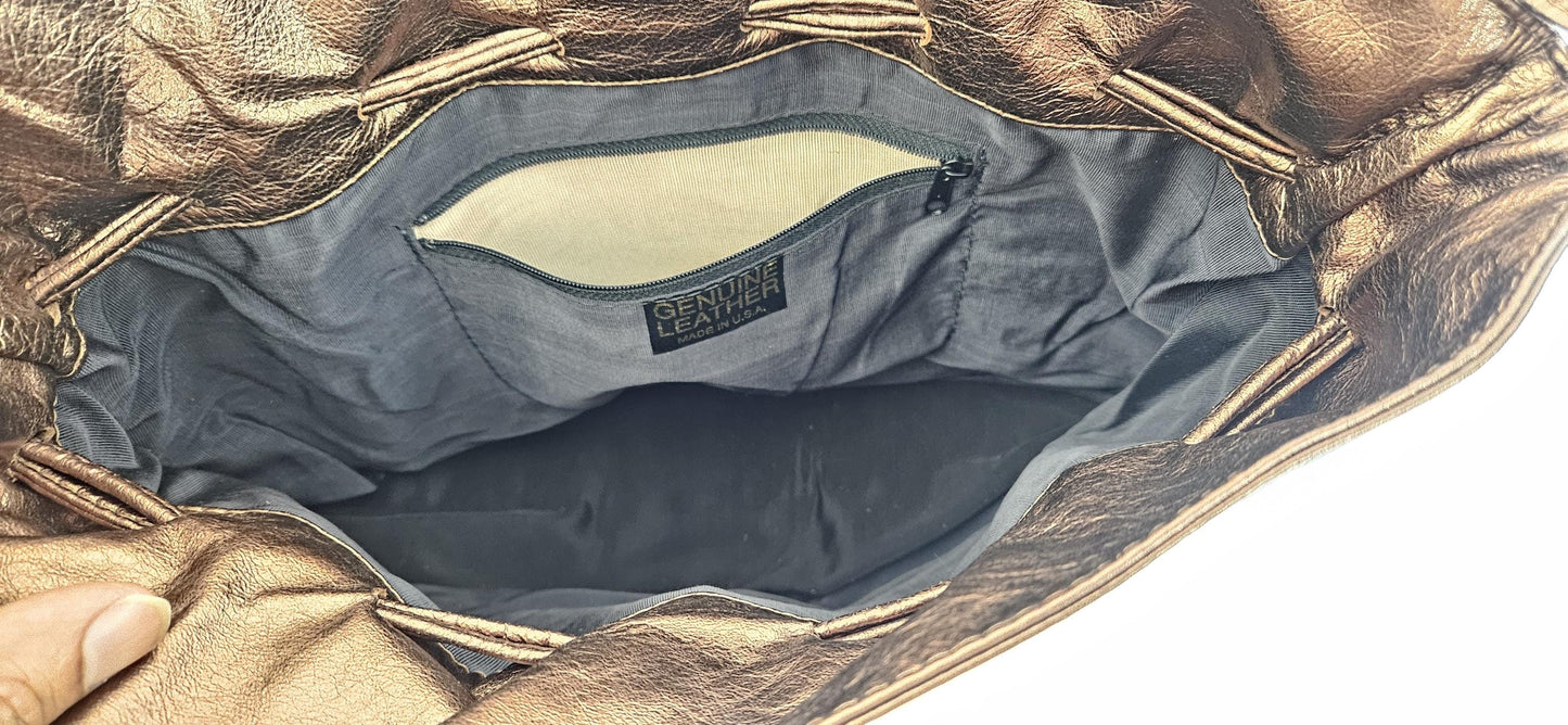 Bronze shinning 3-Tone Genuine Leather with Stich design. ItemTR2031Bs-3Ton.Close with Drowsting Shoulders.Made in USA.