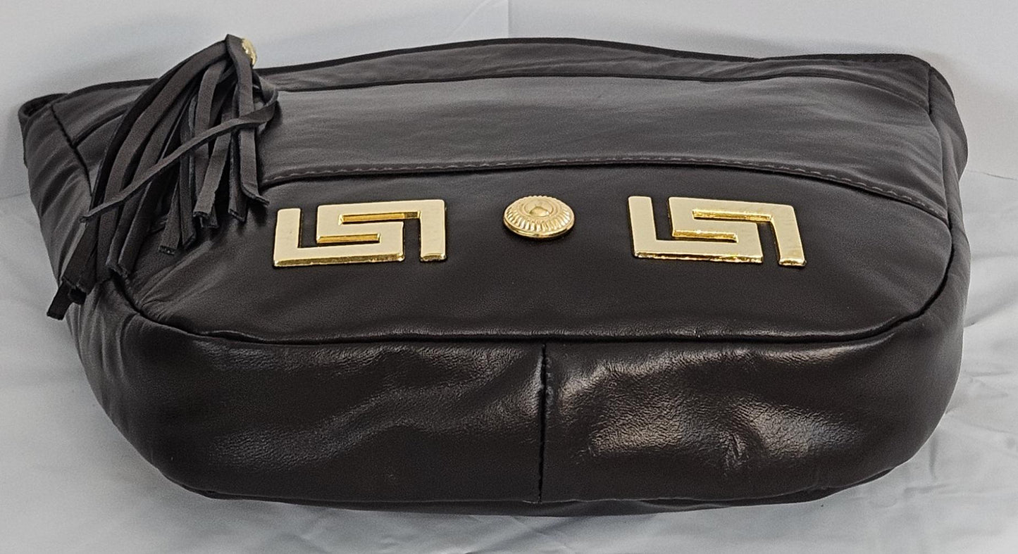 Brown Gold Z and Butten metal design on Luxury Genuine Leather Crossbody Handbag for women.Item#2030Brgz.Design for you.Made In USA