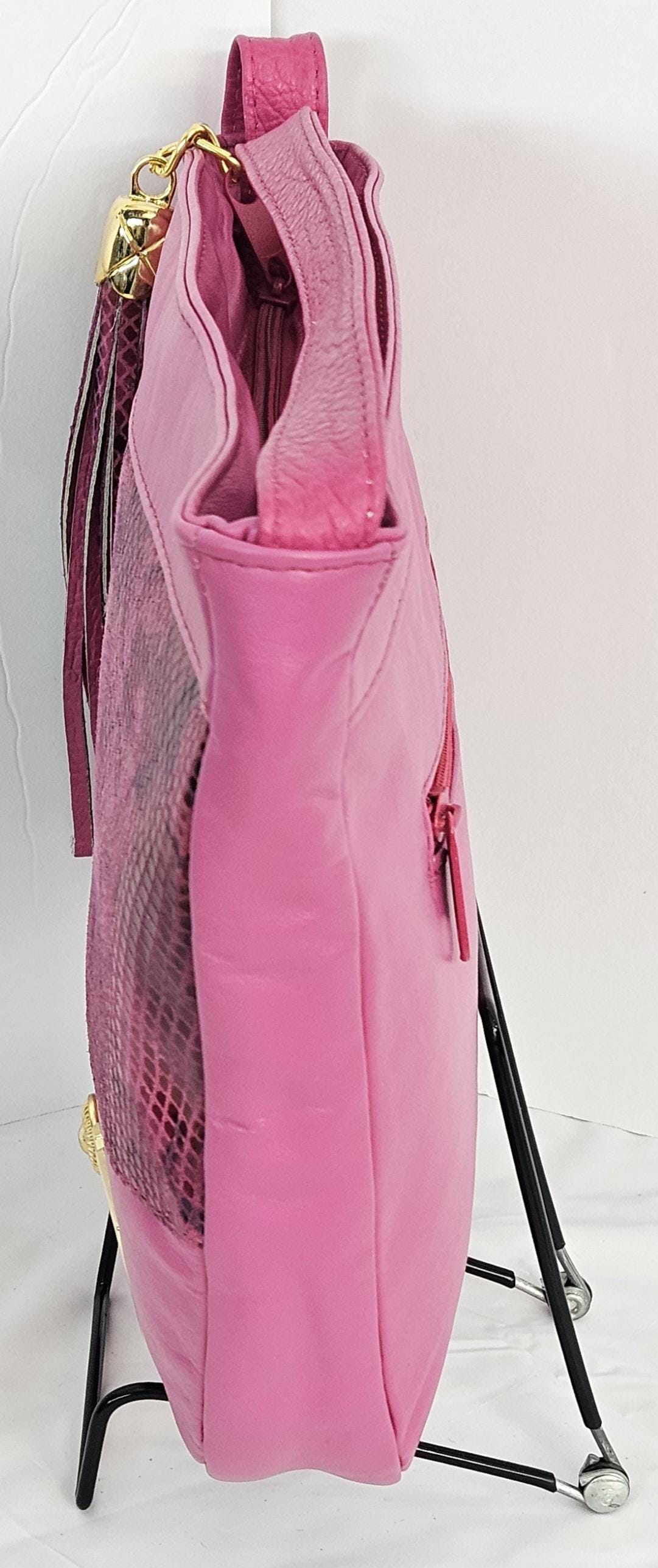 Pink with Fuchsia snake Print Gold Z and Butten metal design on Leather Crossbody Handbag for women.Item#2030PFgz.Design Made in USA.