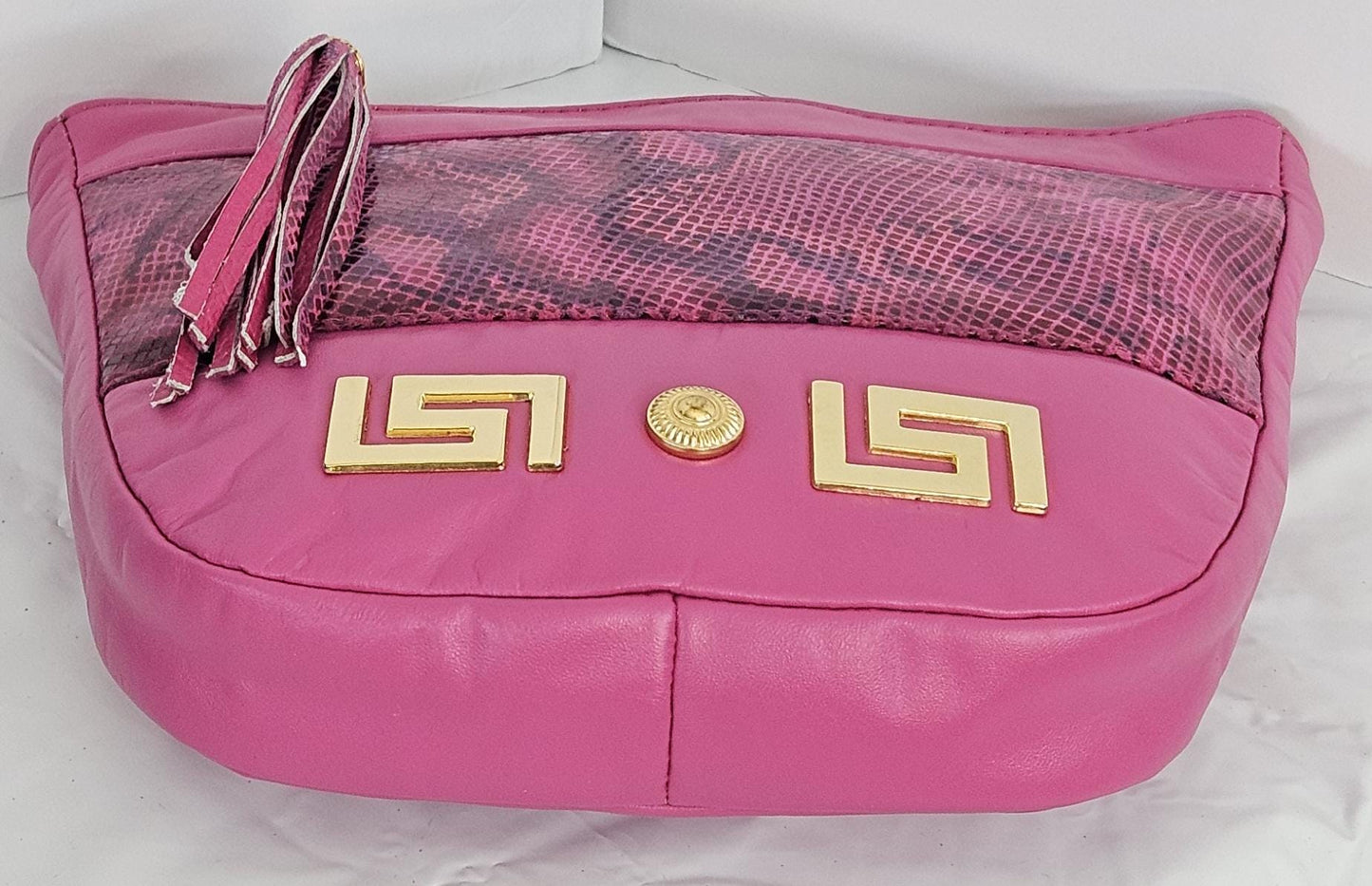 Pink with Fuchsia snake Print Gold Z and Butten metal design on Leather Crossbody Handbag for women.Item#2030PFgz.Design Made in USA.