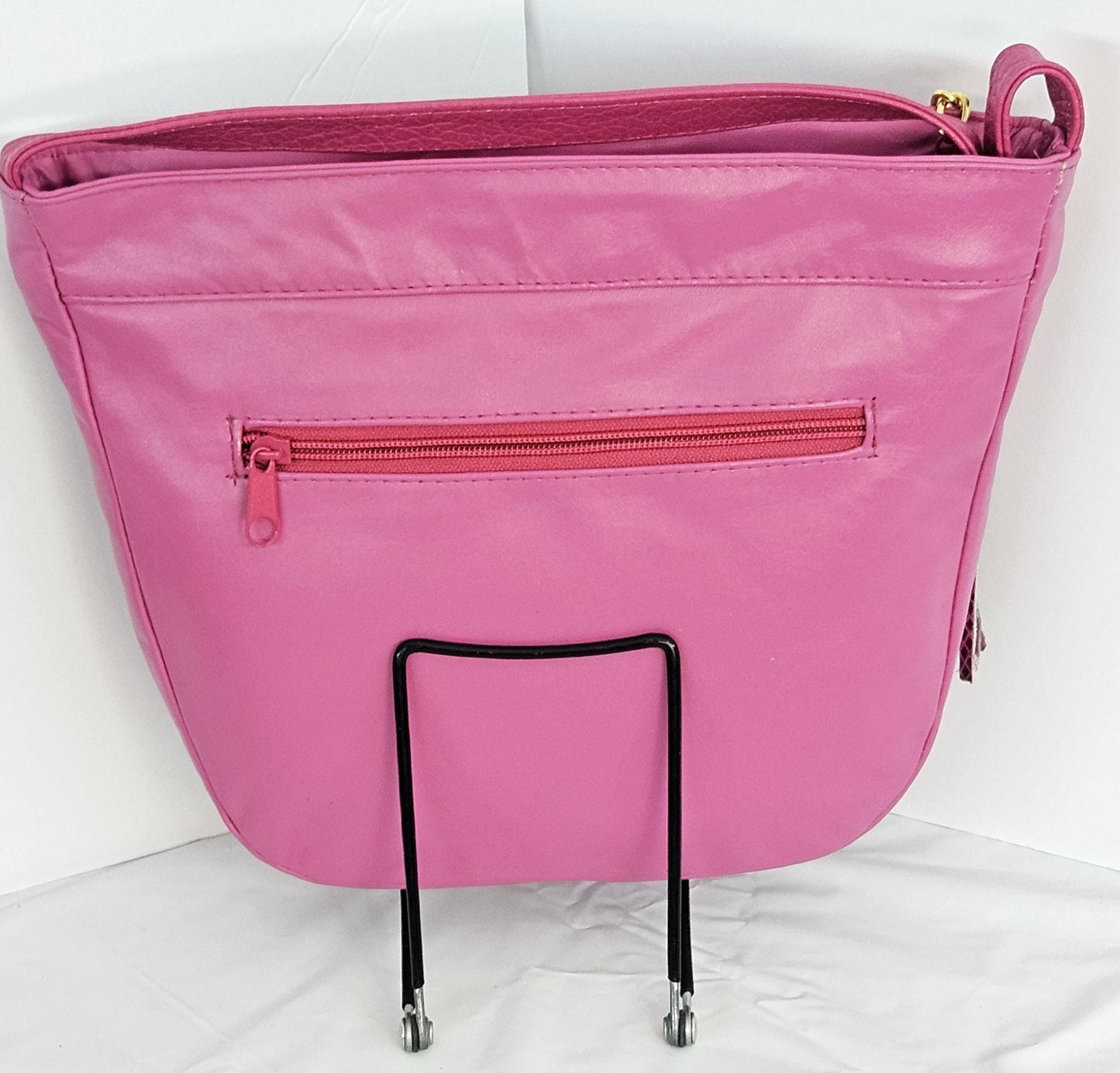Pink with Fuchsia snake Print Gold Z and Butten metal design on Leather Crossbody Handbag for women.Item#2030PFgz.Design Made in USA.
