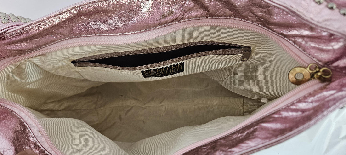 Pink Shining Leather with Silver metal Studs Handbag! Made in USA